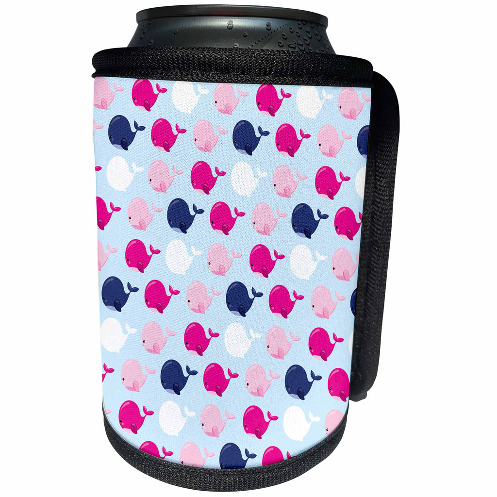 3dRose Anne Marie Baugh - Patterns - Cute Bright Pink and Blue Whale Pattern On Light Blue - Can Cooler Bottle Wrap (cc_274171)