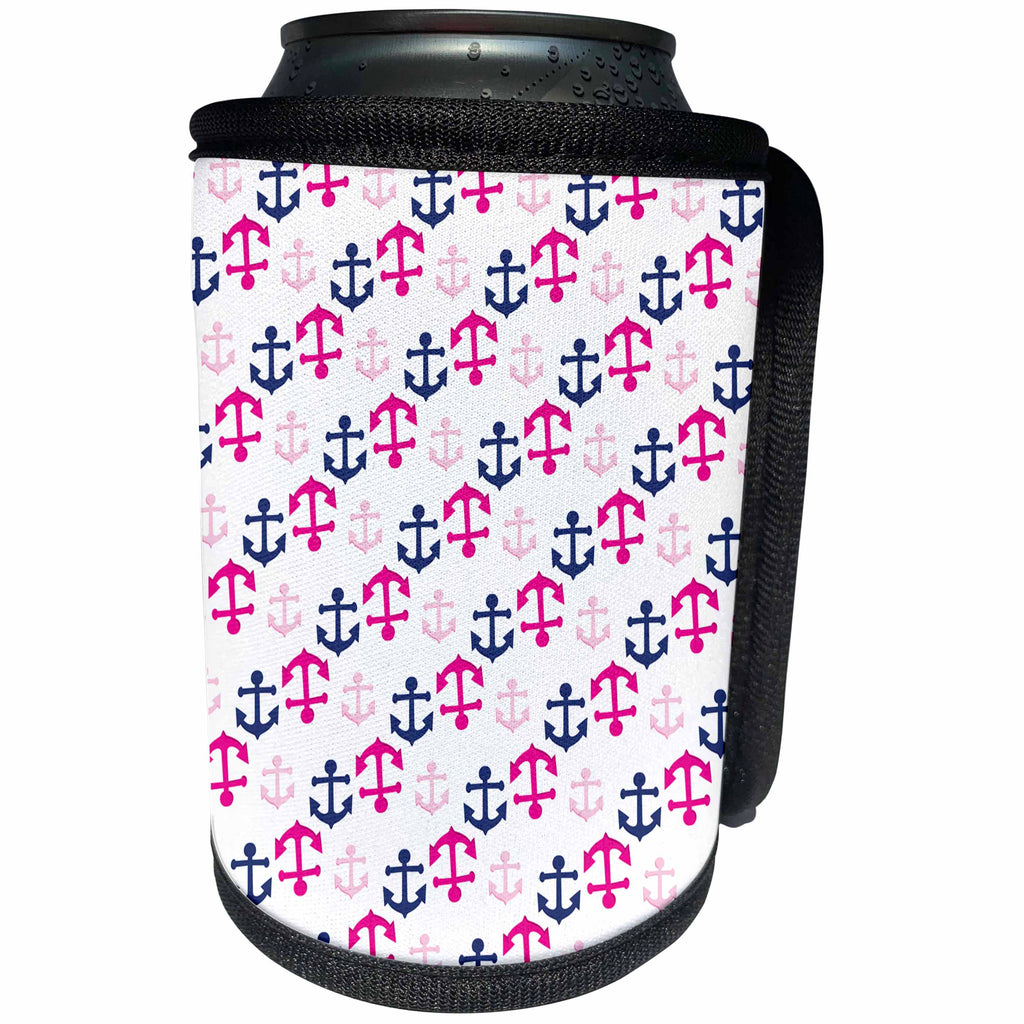 3dRose Anne Marie Baugh - Patterns - Cute Pink and Dark Blue Nautical Sailing Anchors Pattern - Can Cooler Bottle Wrap (cc_274174)