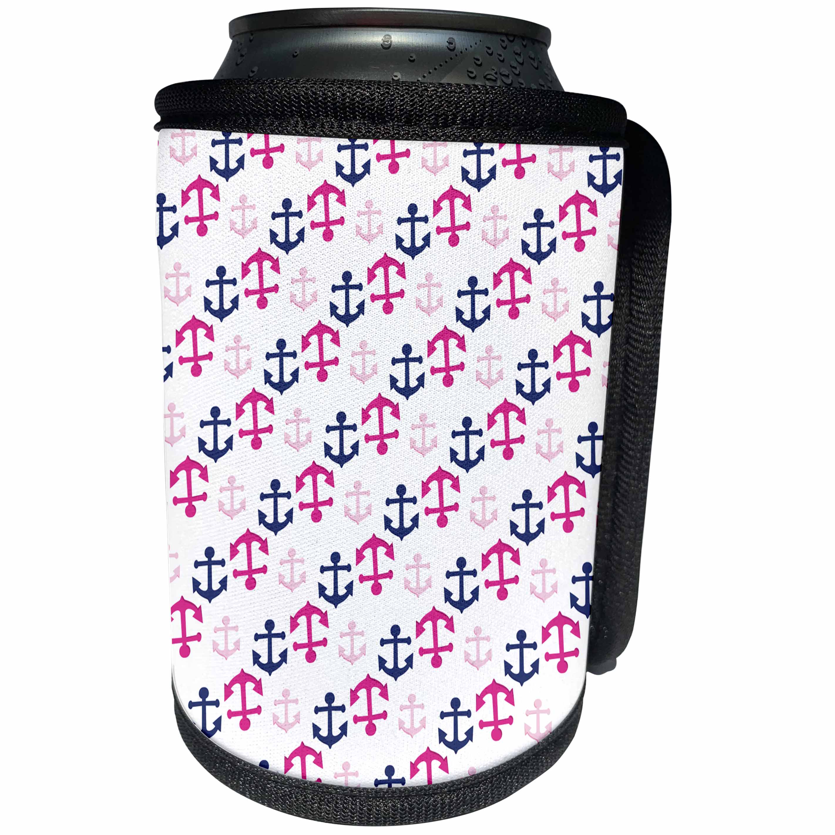 3dRose Anne Marie Baugh - Patterns - Cute Pink and Dark Blue Nautical Sailing Anchors Pattern - Can Cooler Bottle Wrap (cc_274174)