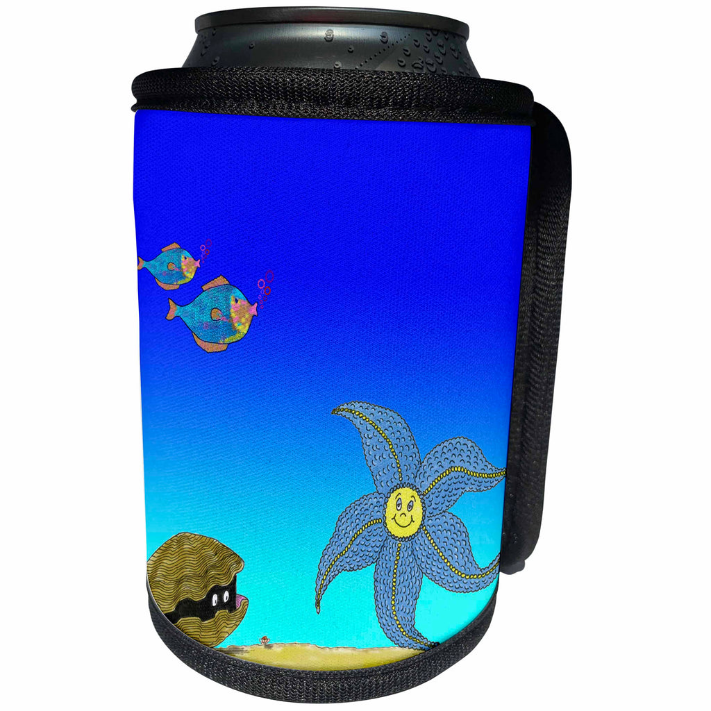 3dRose 777images Designs Cartoons - A clam a starfish and friends enjoy Dancing with the Starfish - Can Cooler Bottle Wrap (cc_27420)