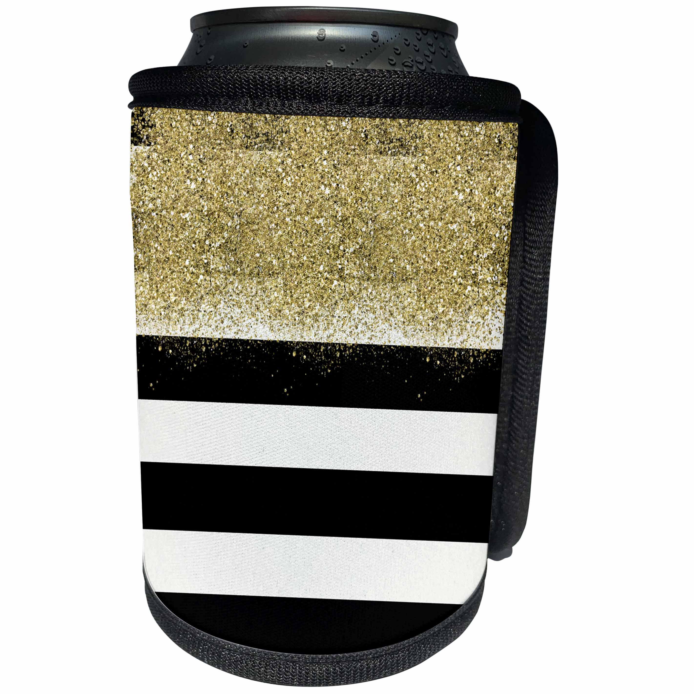 3dRose PS Glam - Image of Gold Faux Image of Glitter Black White Stripes - Can Cooler Bottle Wrap (cc_274227)