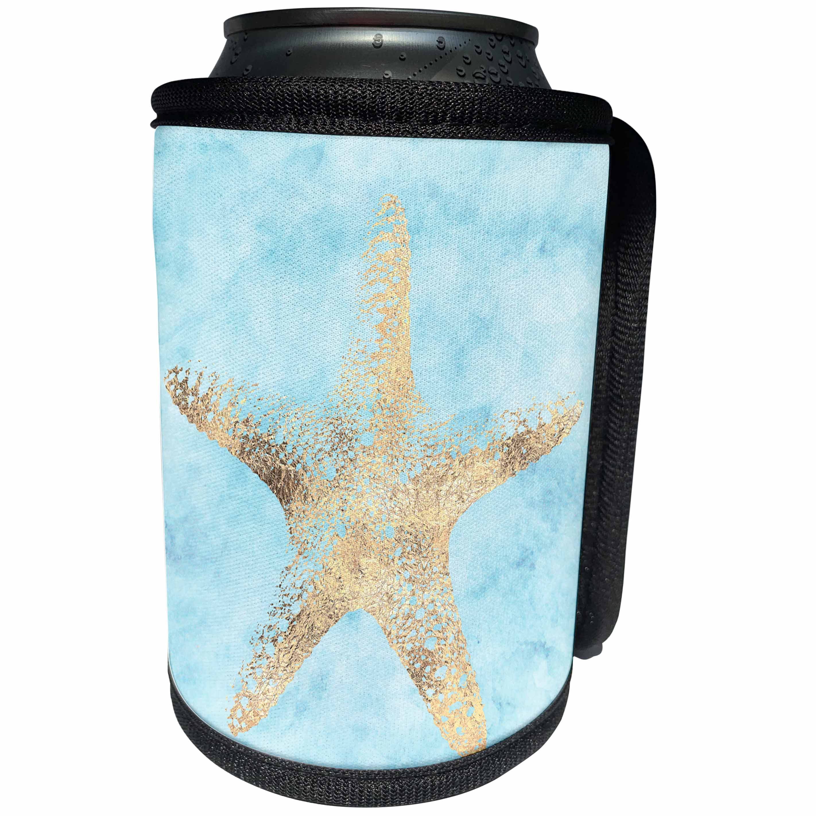 3dRose PS Chic - Image of Aqua Watercolor Gold Glam Starfish - Can Cooler Bottle Wrap (cc_274234)
