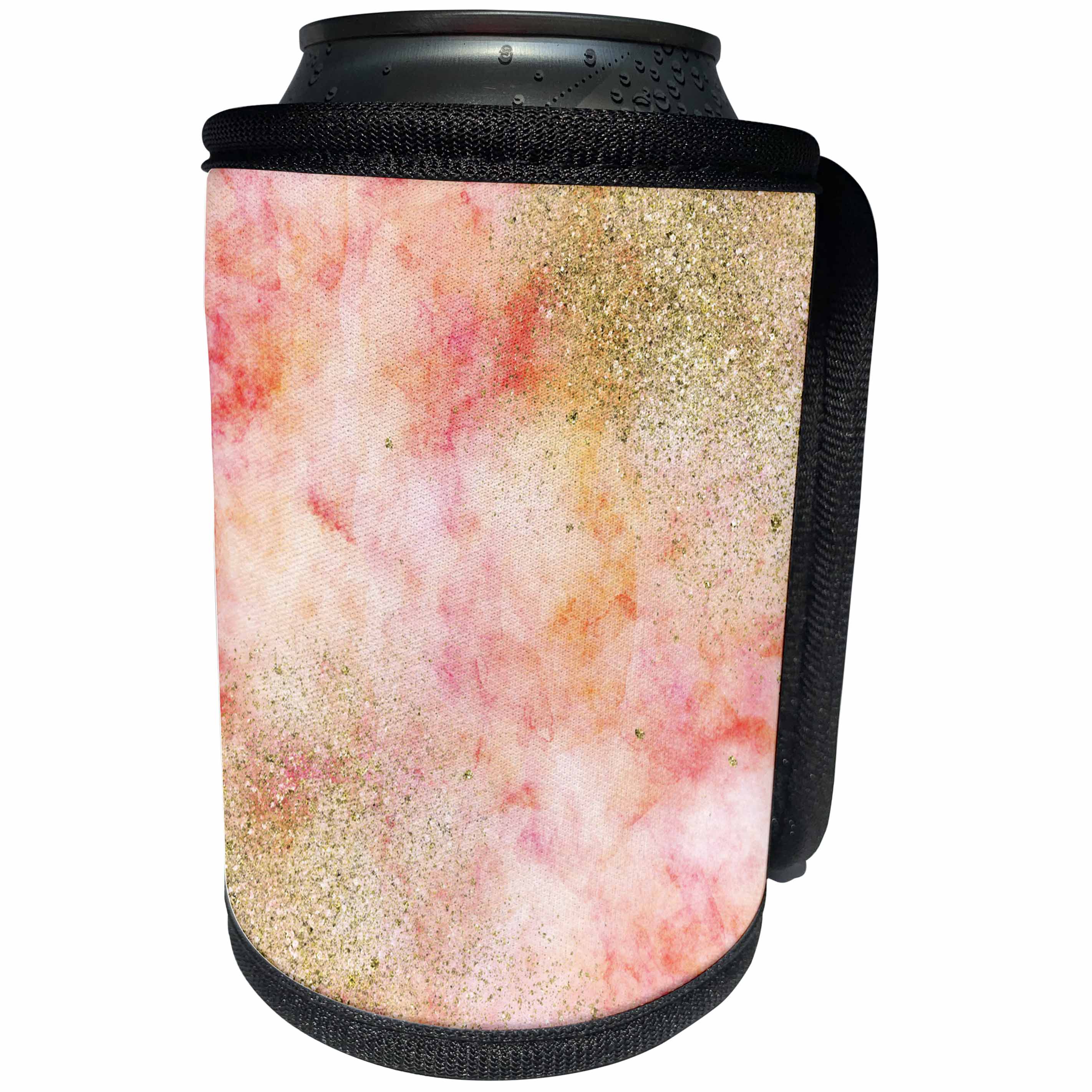 3dRose PS Glam - Image of Girly Pink Peach Watercolor Gold Faux Image of Glitter - Can Cooler Bottle Wrap (cc_274236)