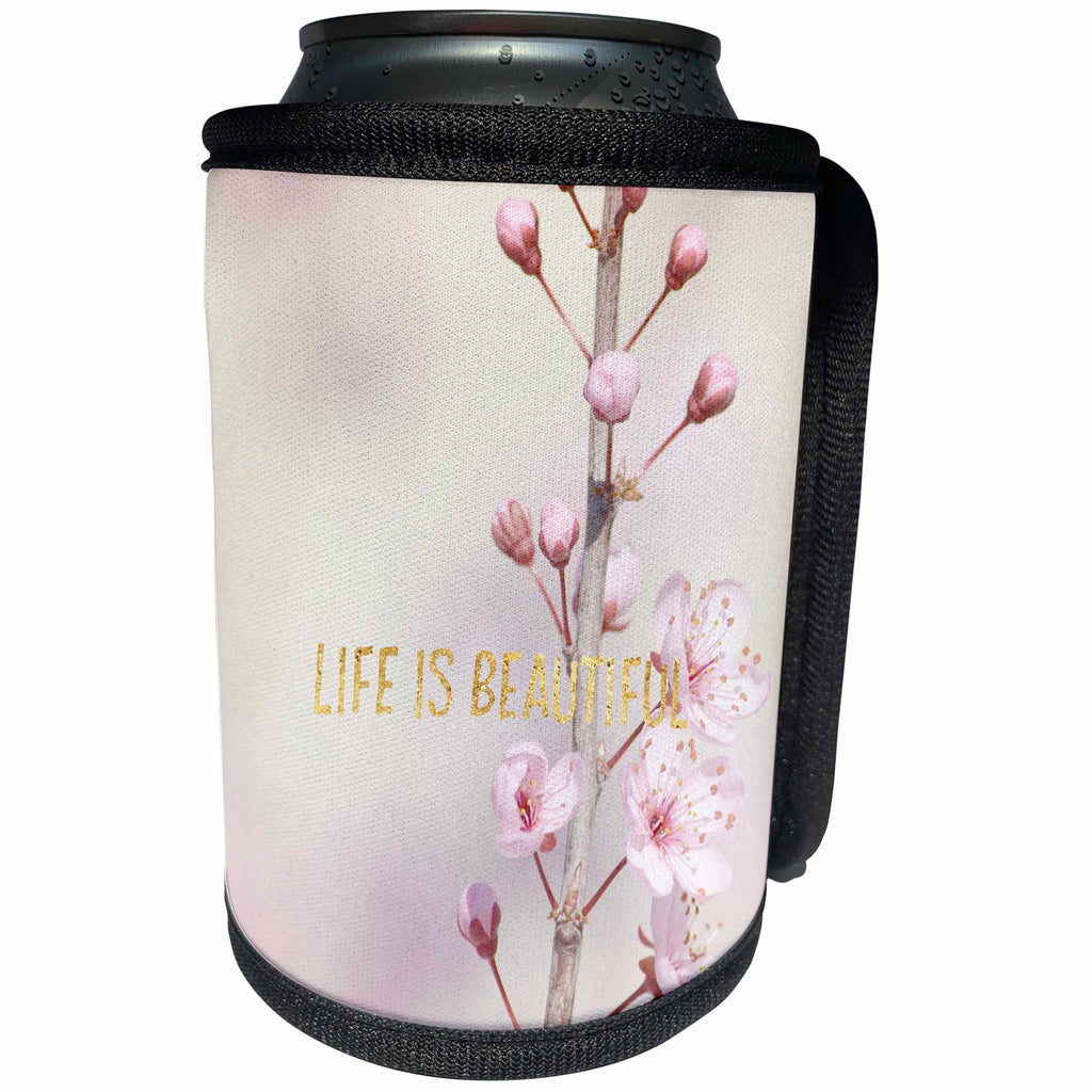 3dRose PS Inspiration - Image of Gold Life is Beautiful Cherry Blossom Flowers - Can Cooler Bottle Wrap (cc_274250)