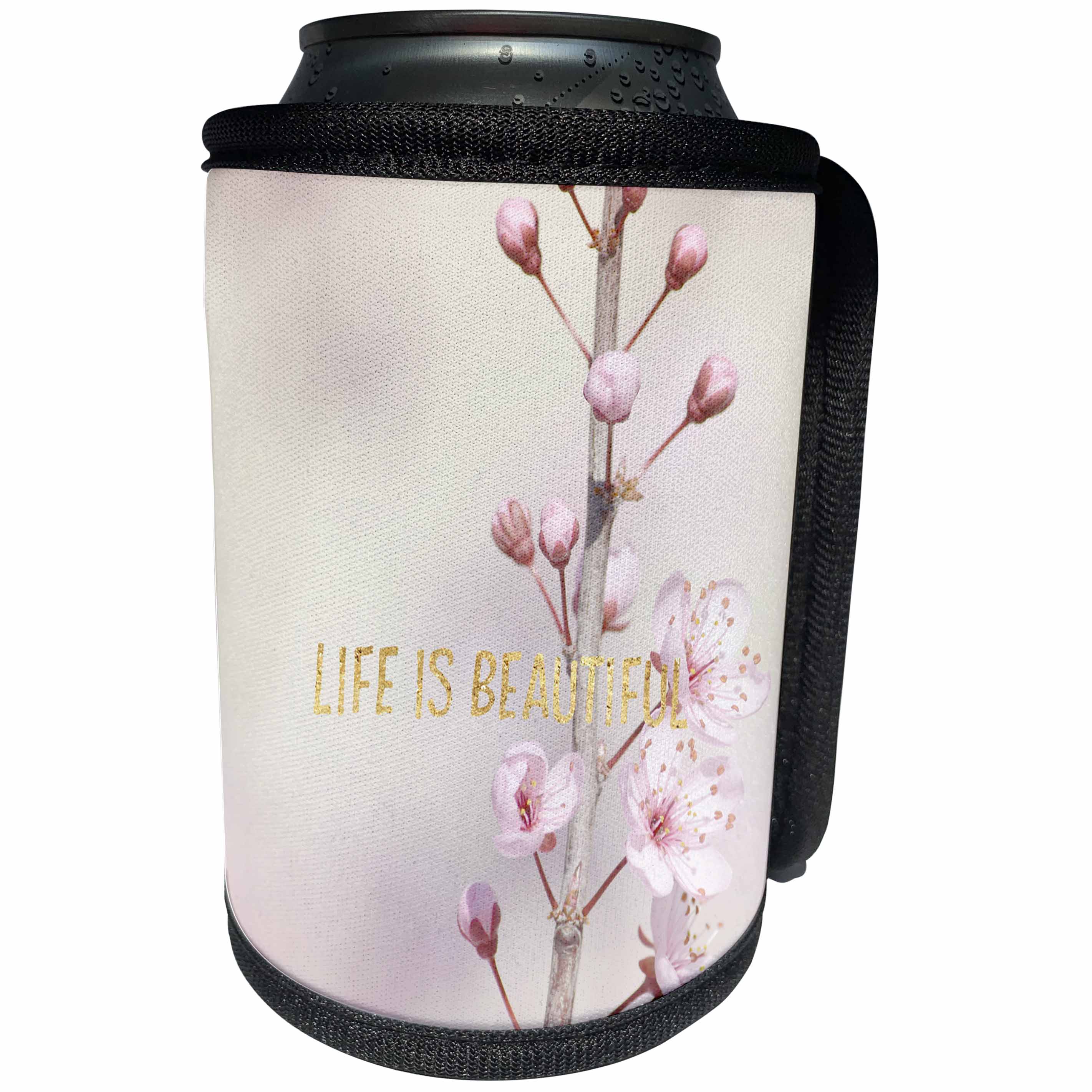 3dRose PS Inspiration - Image of Gold Life is Beautiful Cherry Blossom Flowers - Can Cooler Bottle Wrap (cc_274250)