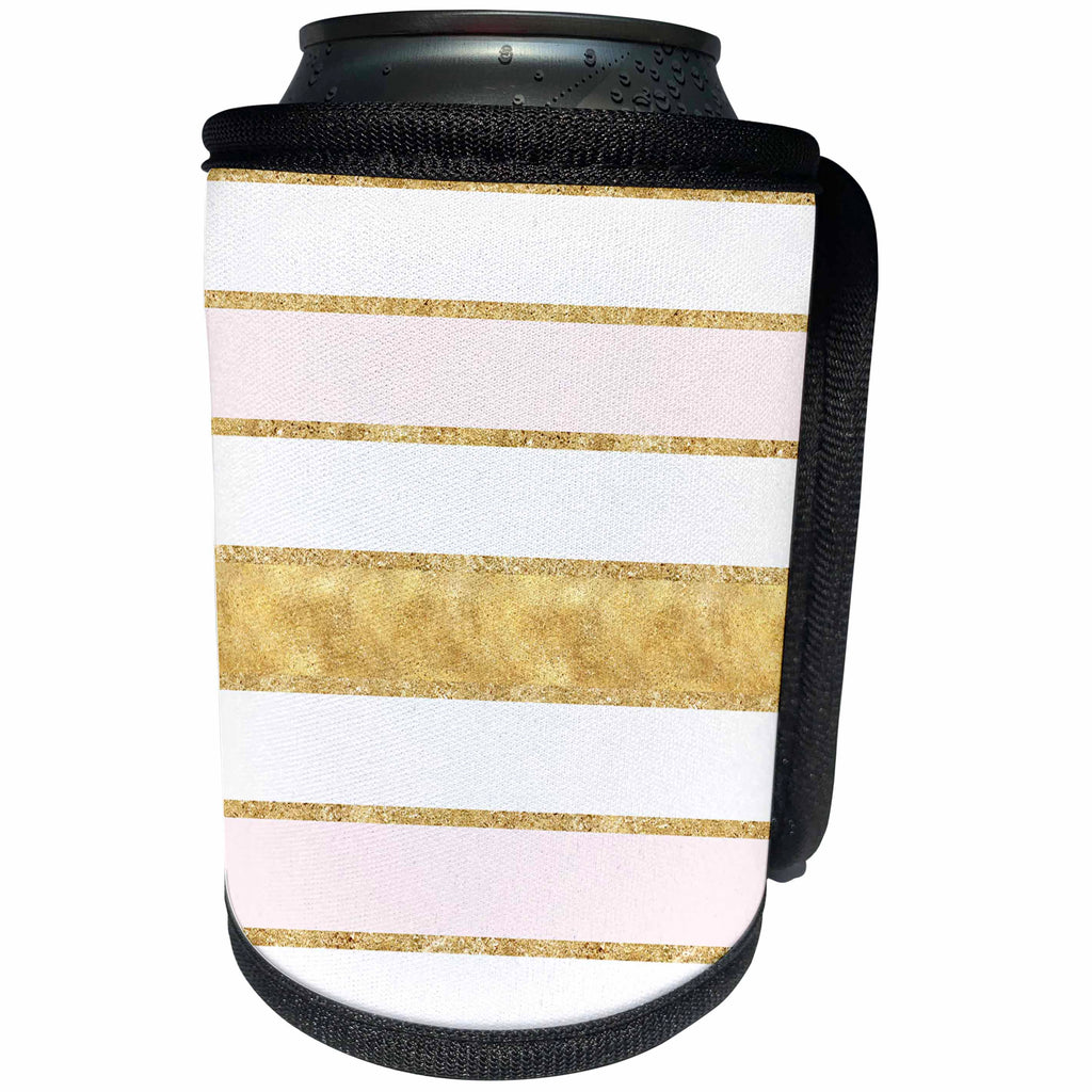 3dRose PS Glam - Image of Blush Pink White Glitz Gold Stripes - Can Cooler Bottle Wrap (cc_274263)