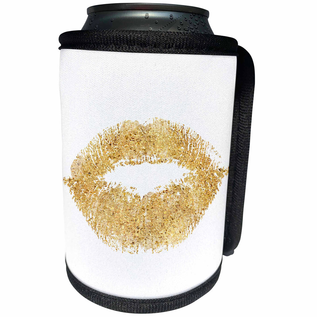 3dRose PS Glam - Image of Gold Glitzy Lips Kiss - Can Cooler Bottle Wrap (cc_274287)