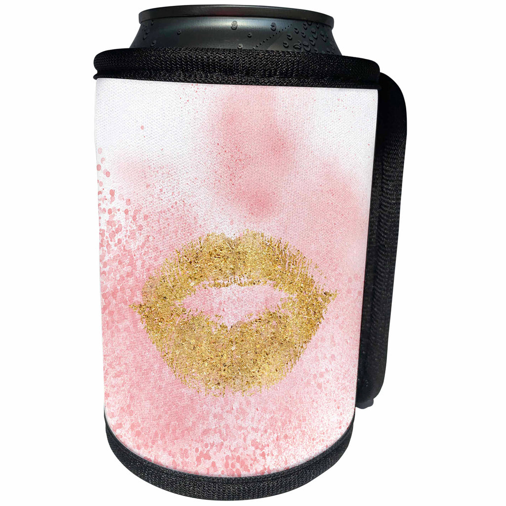 3dRose PS Glam - Image of Gold Pink Confetti Glitzy Lips Kiss - Can Cooler Bottle Wrap (cc_274288)