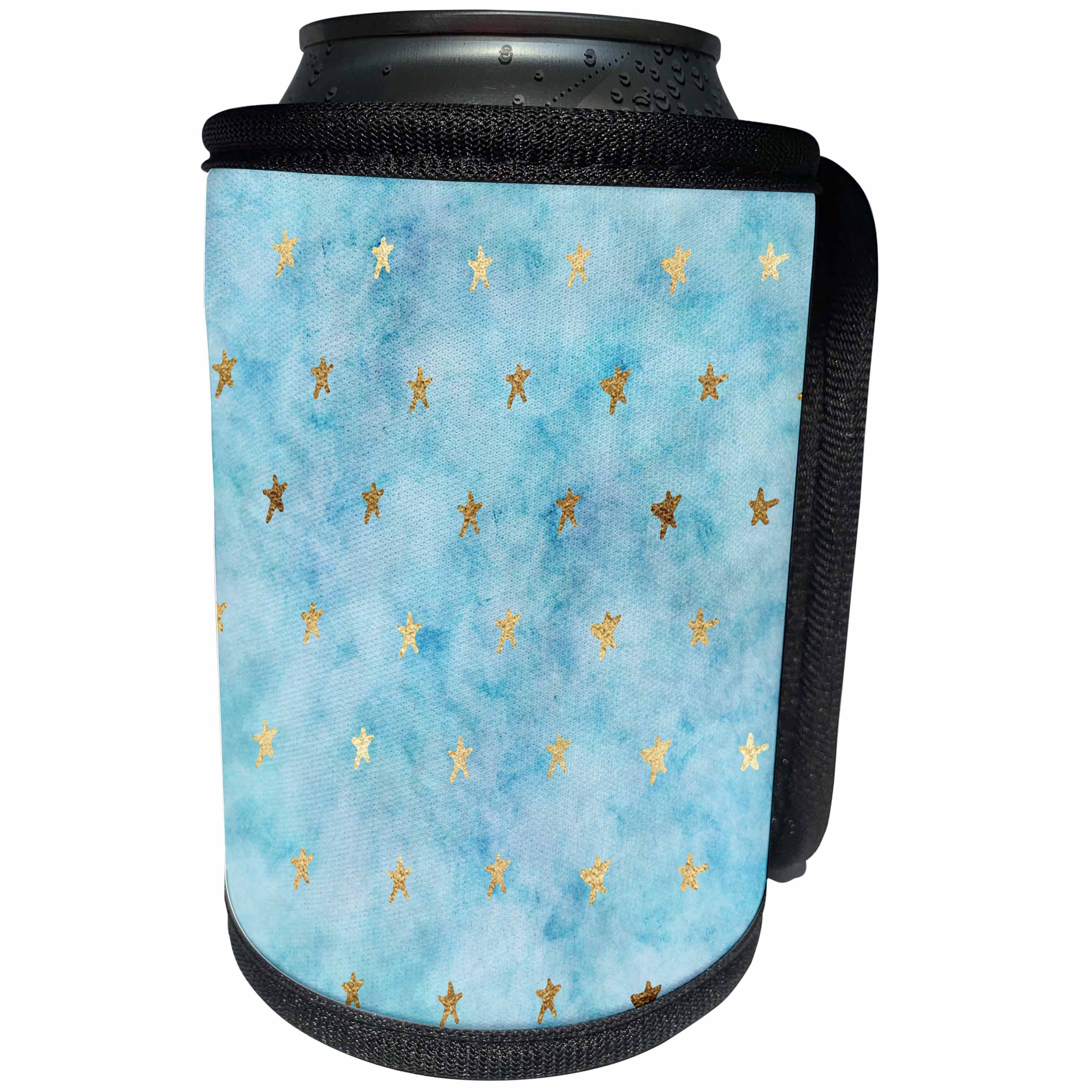 3dRose PS Stars - Image of Gold Aqua Blue Watercolor Stars - Can Cooler Bottle Wrap (cc_274296)