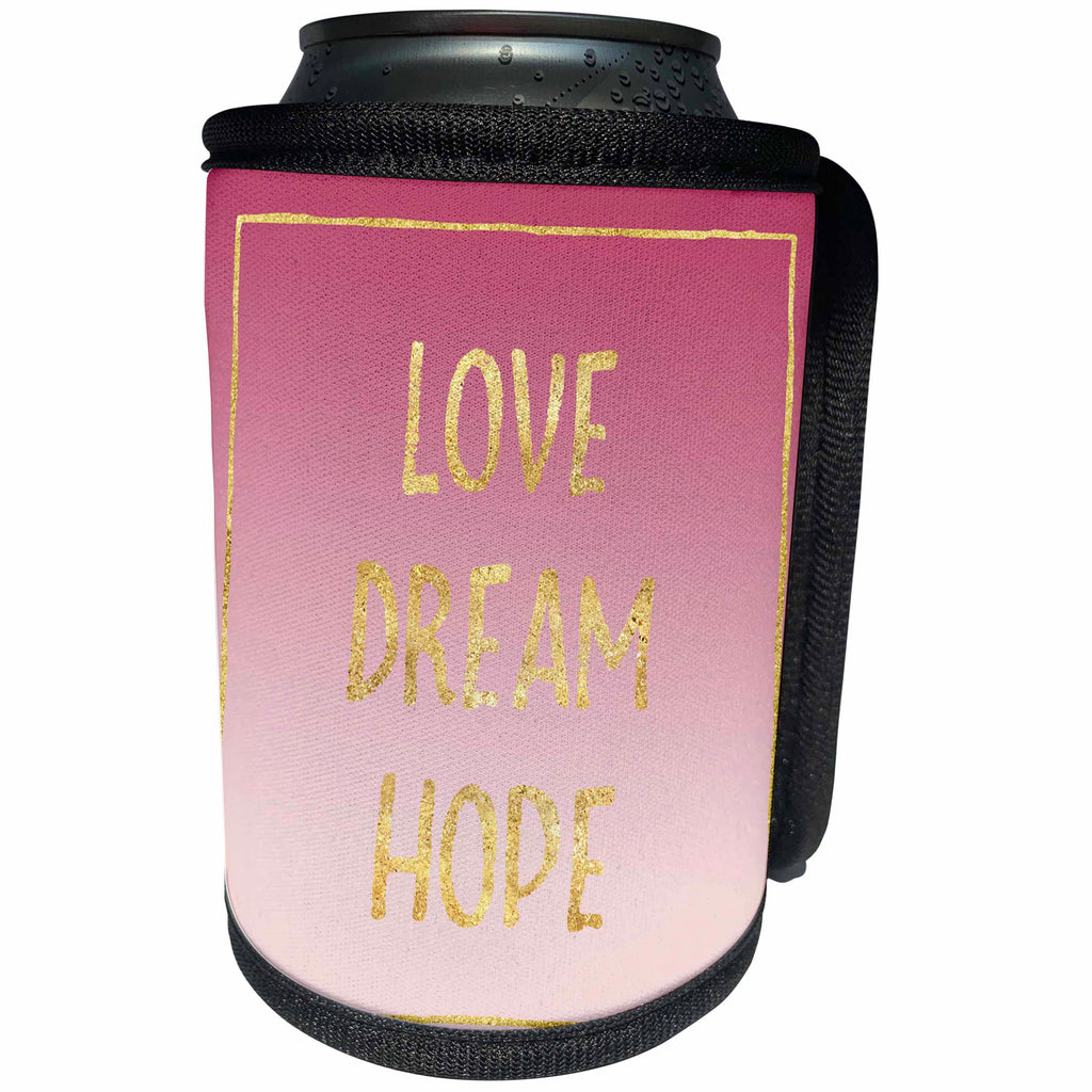 3dRose PS Inspiration - Image of Pink Ombre Gold Glitz Square Love Dream Hope - Can Cooler Bottle Wrap (cc_274310)