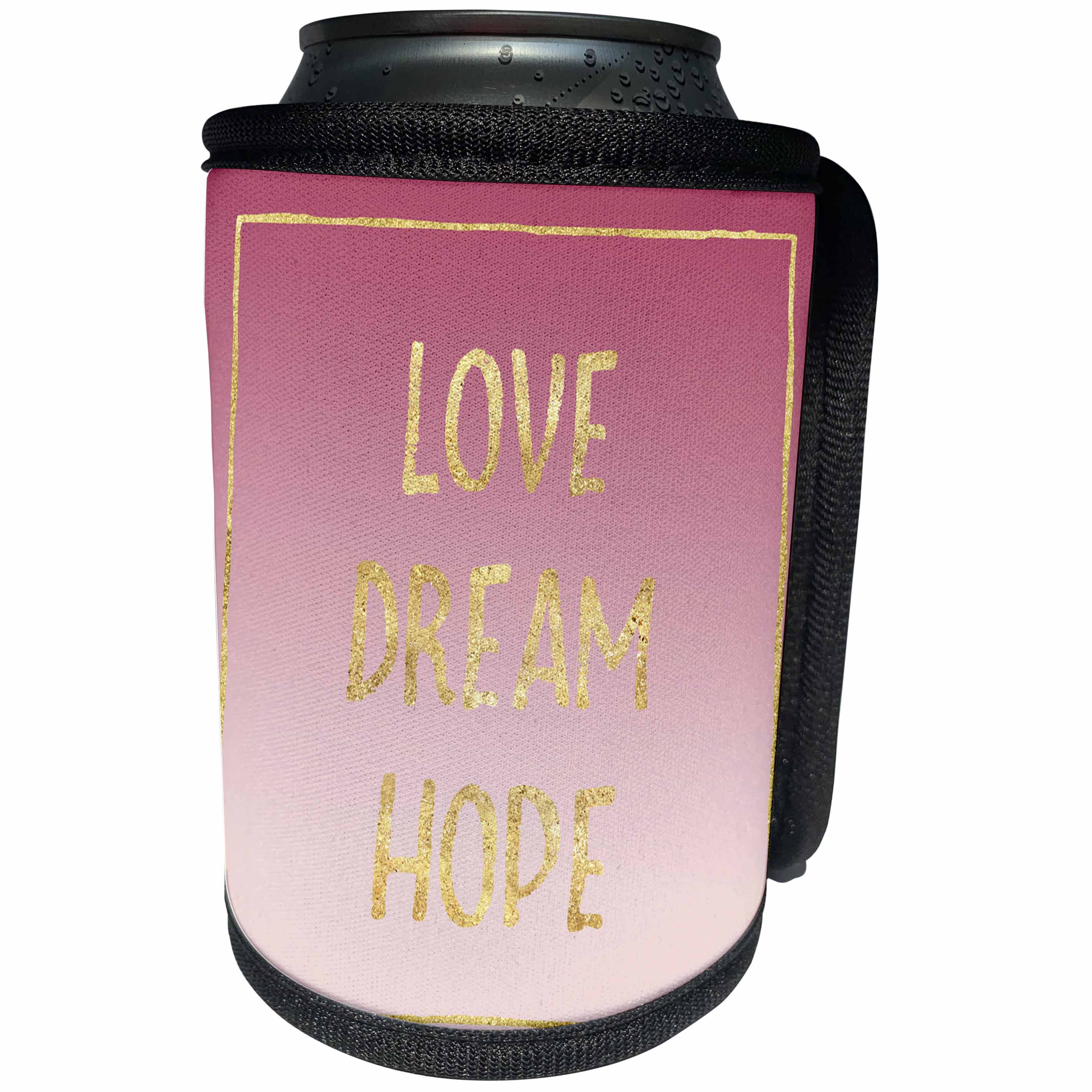 3dRose PS Inspiration - Image of Pink Ombre Gold Glitz Square Love Dream Hope - Can Cooler Bottle Wrap (cc_274310)