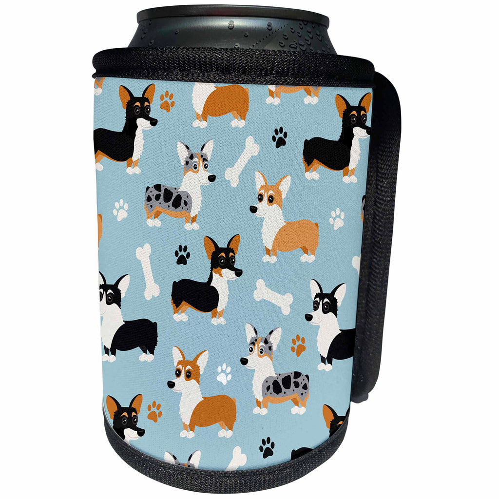 3dRose Janna Salak Designs Dogs - Cute Corgi Dog Pattern Blue - Can Cooler Bottle Wrap (cc_274316)
