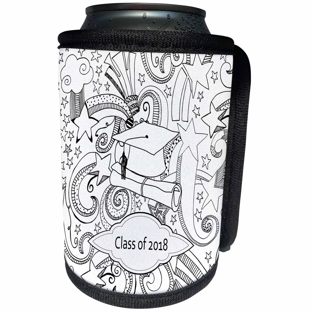 3dRose Beverly Turner Graduation Design - Drawn Cap and Diploma, Stars Curly Designs, Class of 2018 Black, White - Can Cooler Bottle Wrap (cc_274397)