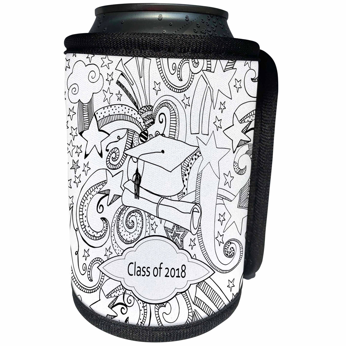 3dRose Beverly Turner Graduation Design - Drawn Cap and Diploma, Stars Curly Designs, Class of 2018 Black, White - Can Cooler Bottle Wrap (cc_274397)
