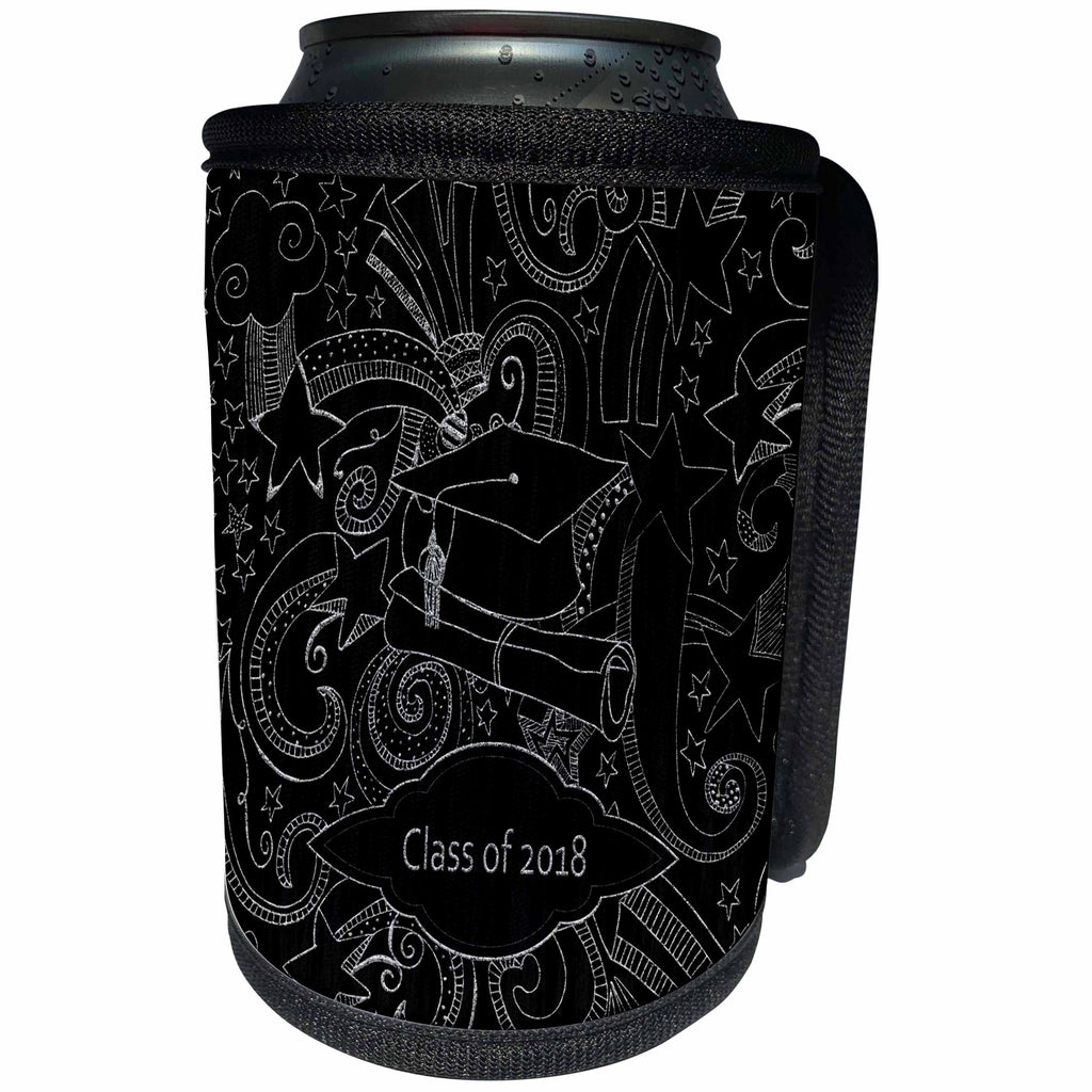 3dRose Beverly Turner Graduation Design - Drawn Cap and Diploma, Stars Curly Designs, Class of 2018 White Black - Can Cooler Bottle Wrap (cc_274398)