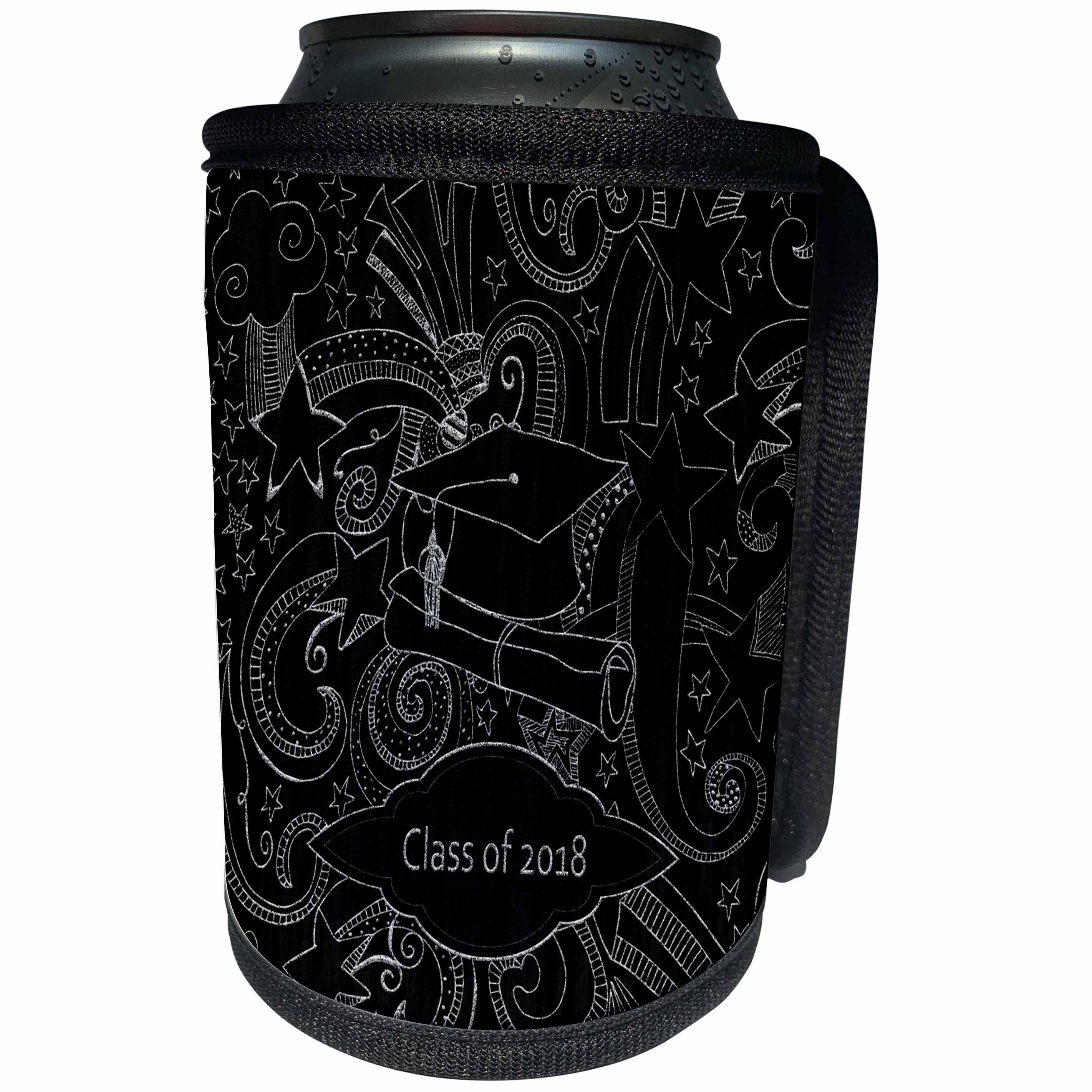 3dRose Beverly Turner Graduation Design - Drawn Cap and Diploma, Stars Curly Designs, Class of 2018 White Black - Can Cooler Bottle Wrap (cc_274398)