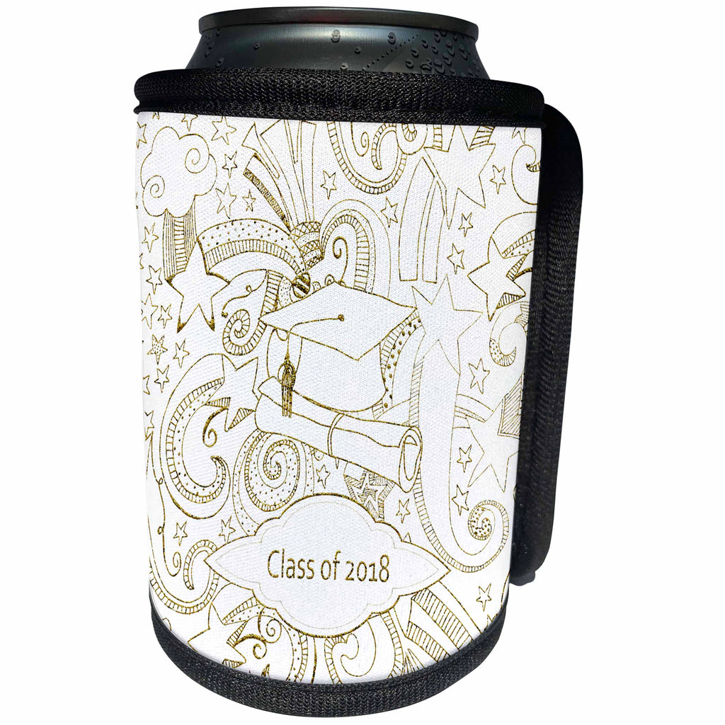 3dRose Beverly Turner Graduation Design - Drawn Cap Diploma Stars Curly Designs Class of 2018 Non Metallic Gold White - Can Cooler Bottle Wrap (cc_274400)