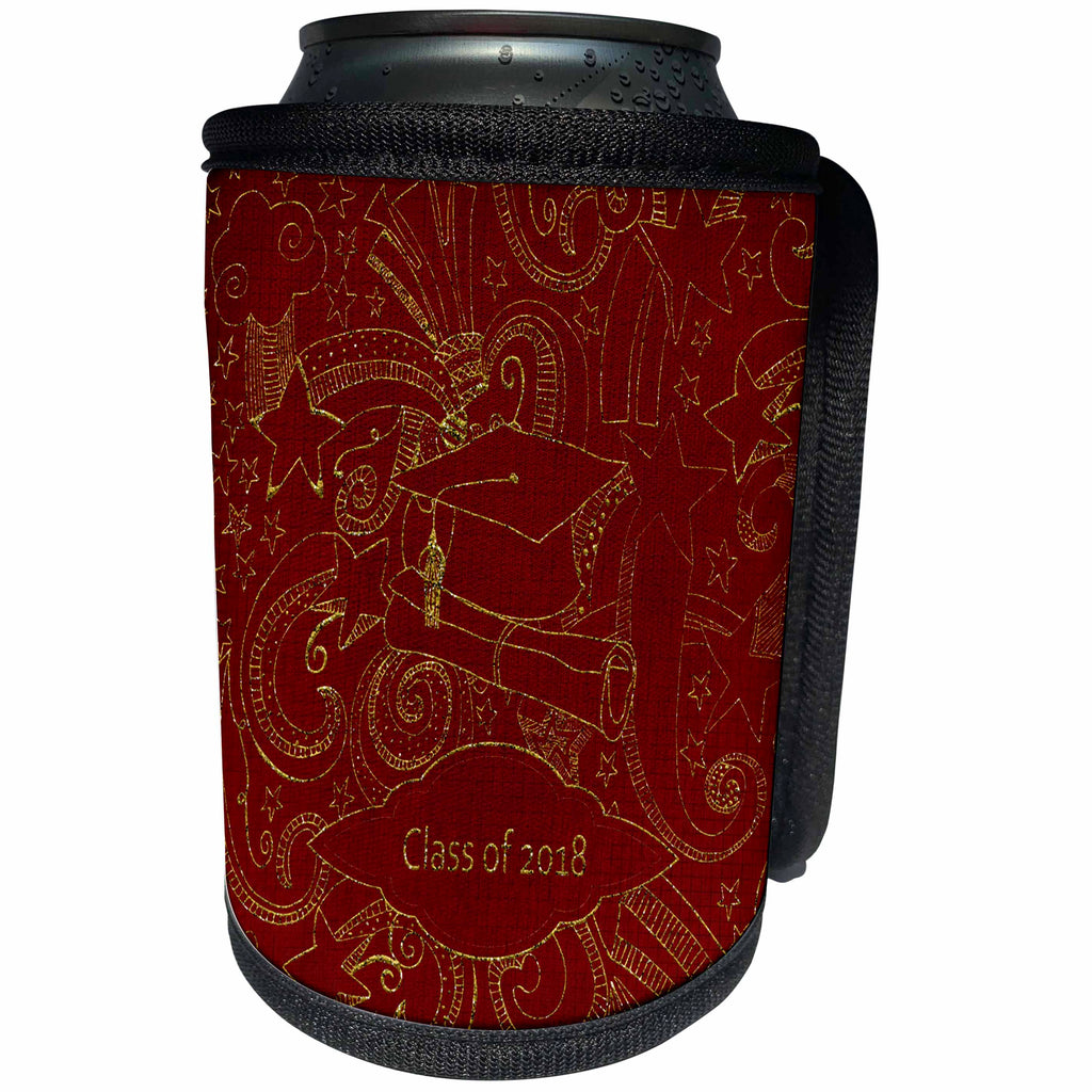 3dRose Beverly Turner Graduation Design - Drawn Cap Diploma, Stars Curly Designs, Class of 2018 Non Metallic Gold Red - Can Cooler Bottle Wrap (cc_274401)