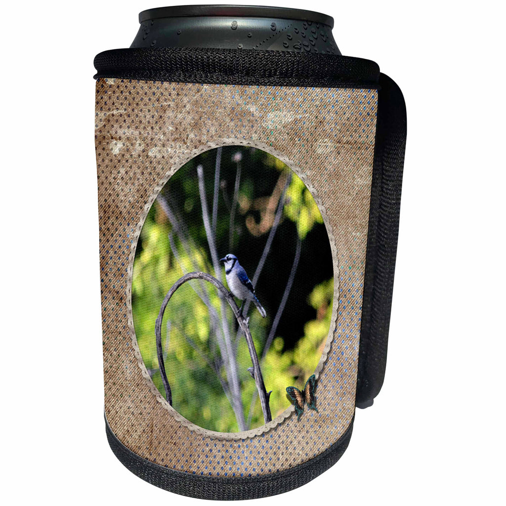 3dRose Beverly Turner Bird Photography - Blue Jay on Dried Sunflower, Round Frame with Butterfly - Can Cooler Bottle Wrap (cc_274404)