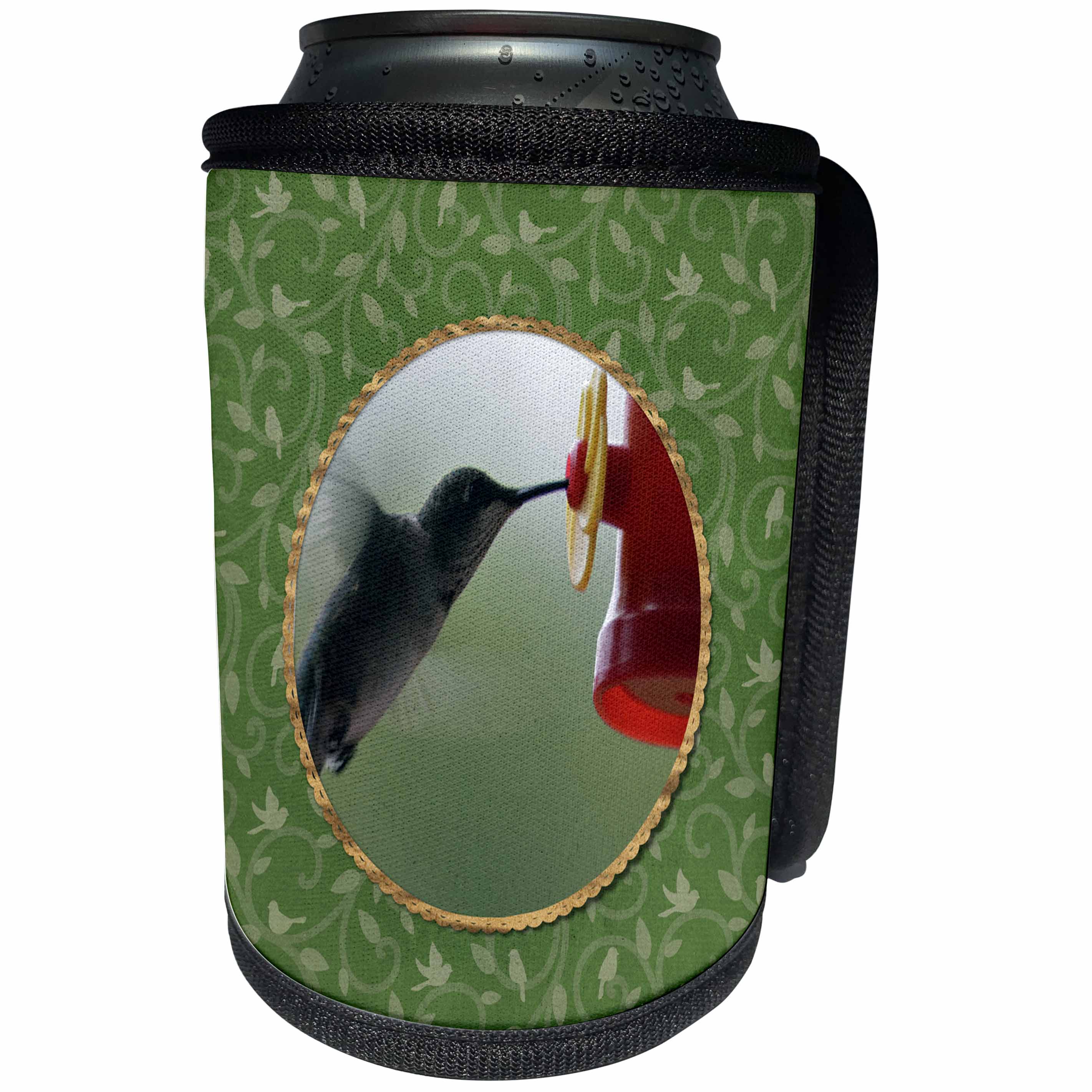 3dRose Beverly Turner Bird Photography - Hummingbird at Feeder in Round, Birds on Branches, Green - Can Cooler Bottle Wrap (cc_274408)