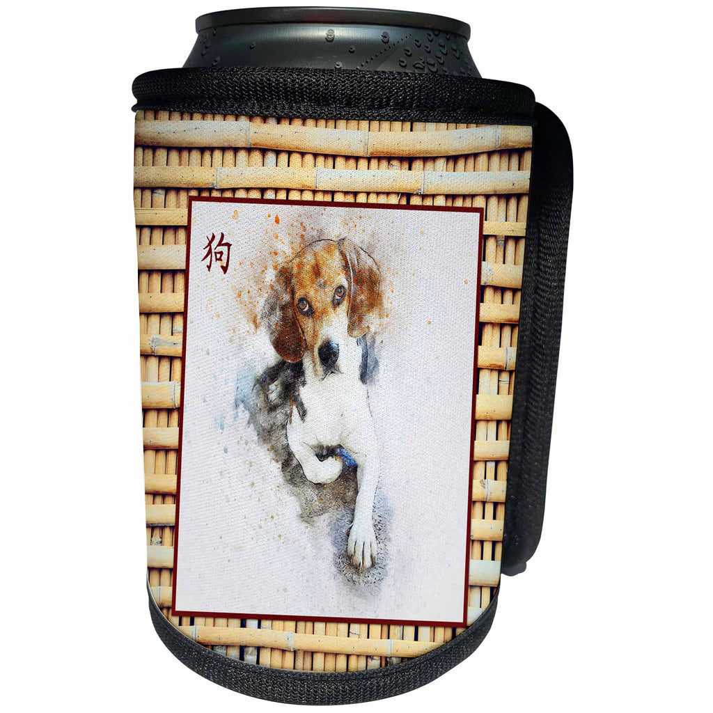 3dRose Beverly Turner Chinese New Year Design - Beagle on Realistic Bamboo Look,Sign of the Dog in Chinese - Can Cooler Bottle Wrap (cc_274440)