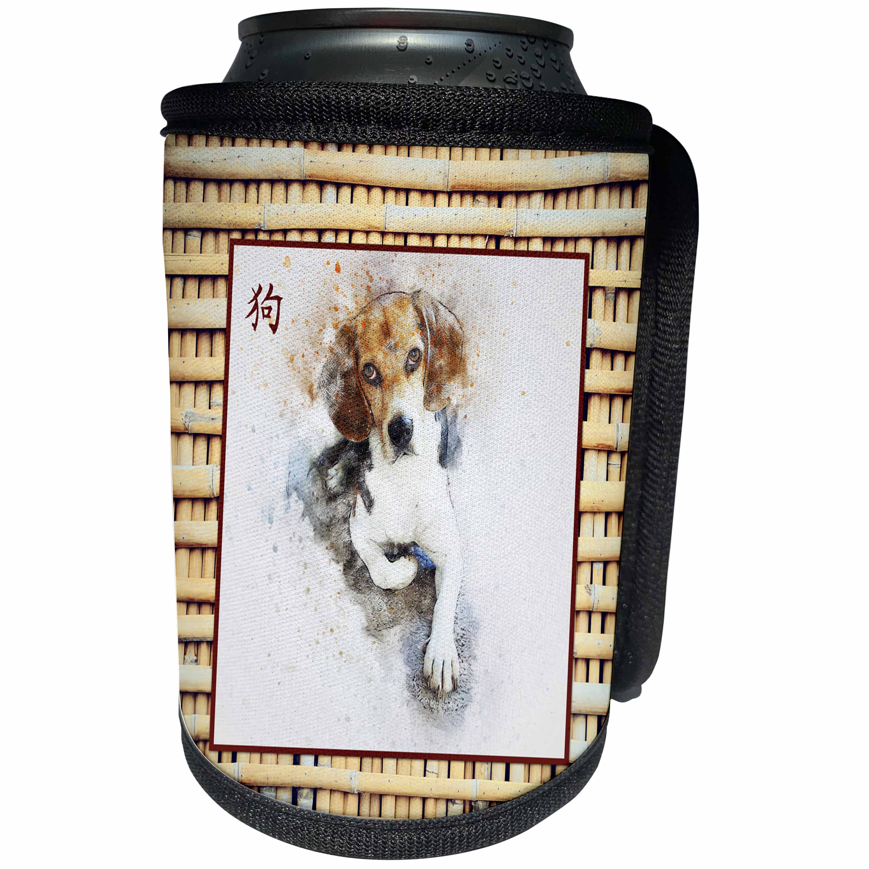3dRose Beverly Turner Chinese New Year Design - Beagle on Realistic Bamboo Look,Sign of the Dog in Chinese - Can Cooler Bottle Wrap (cc_274440)