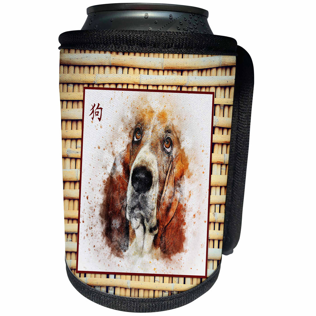 3dRose Beverly Turner Chinese New Year Design - Basset Hound on Realistic Bamboo Look,Sign of the Dog in Chinese - Can Cooler Bottle Wrap (cc_274441)