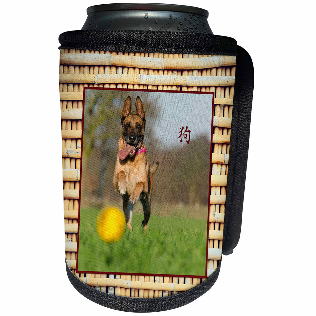 3dRose Beverly Turner Chinese New Year Design - Malinois Playing Ball, Realistic Bamboo Look, Sign of the Dog, Chinese - Can Cooler Bottle Wrap (cc_274443)