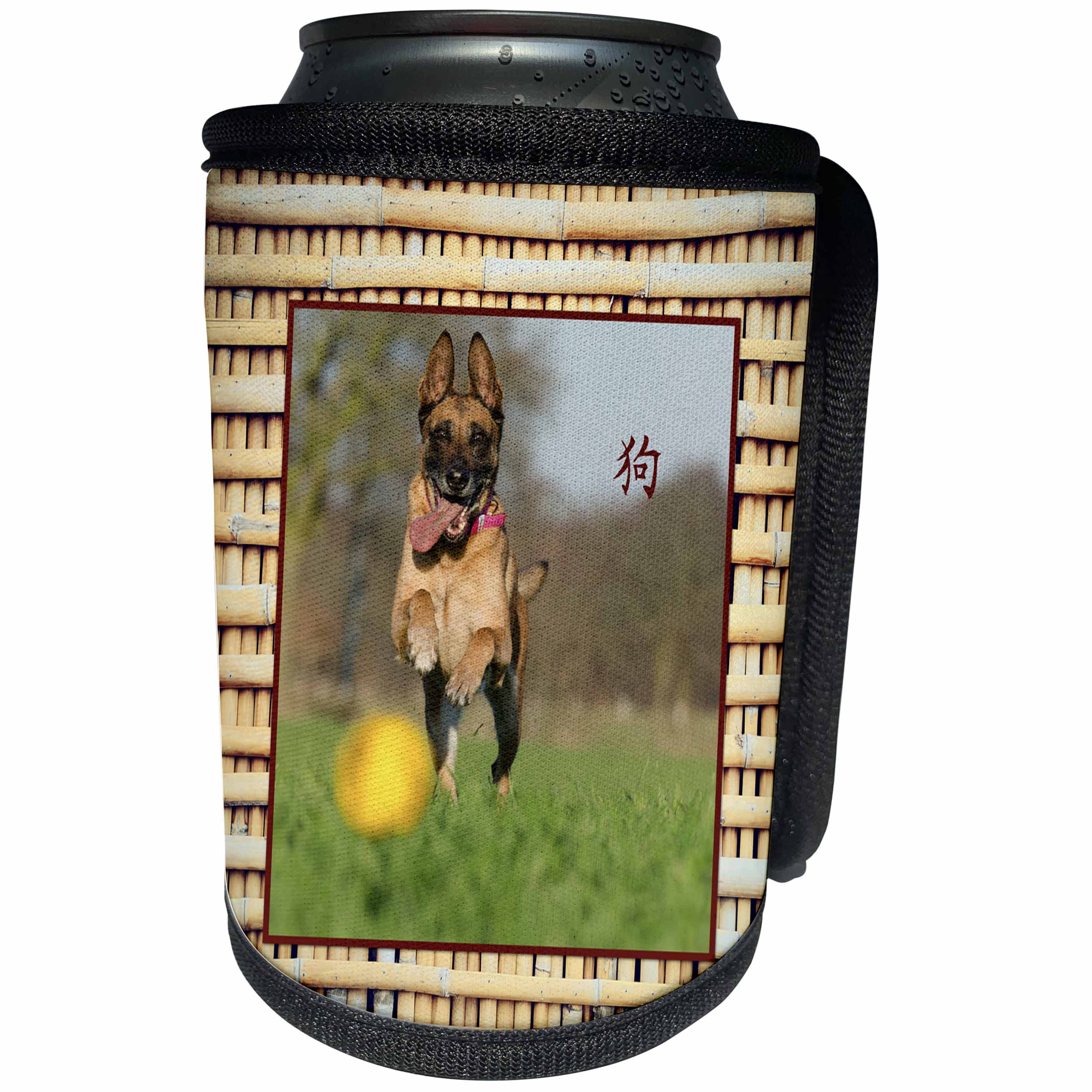 3dRose Beverly Turner Chinese New Year Design - Malinois Playing Ball, Realistic Bamboo Look, Sign of the Dog, Chinese - Can Cooler Bottle Wrap (cc_274443)