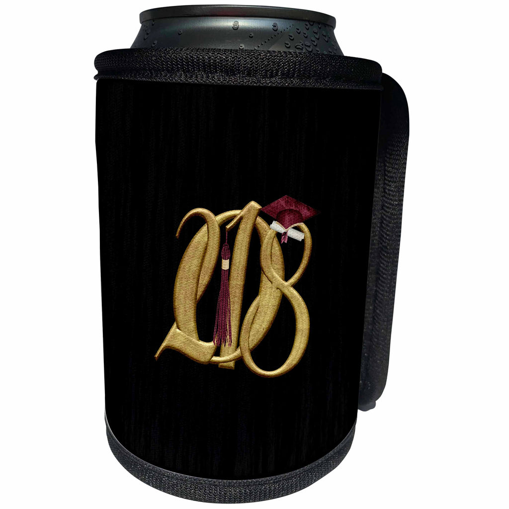 3dRose Beverly Turner Graduation Design - Image of Gold Entangled 2018 Red Graduation Cap, Diploma, Tassel on Black - Can Cooler Bottle Wrap (cc_274456)
