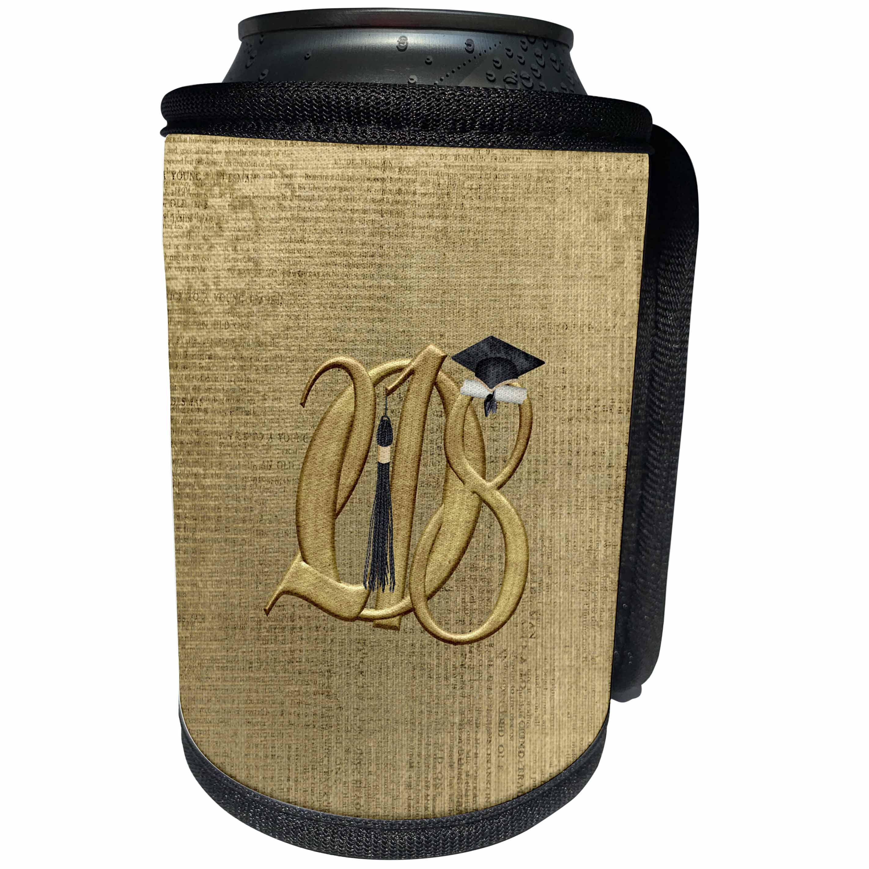 3dRose Beverly Turner Graduation Design - Image of Gold Entangled 2018 Black Graduation Cap, Diploma,Tassel on Gold - Can Cooler Bottle Wrap (cc_274457)