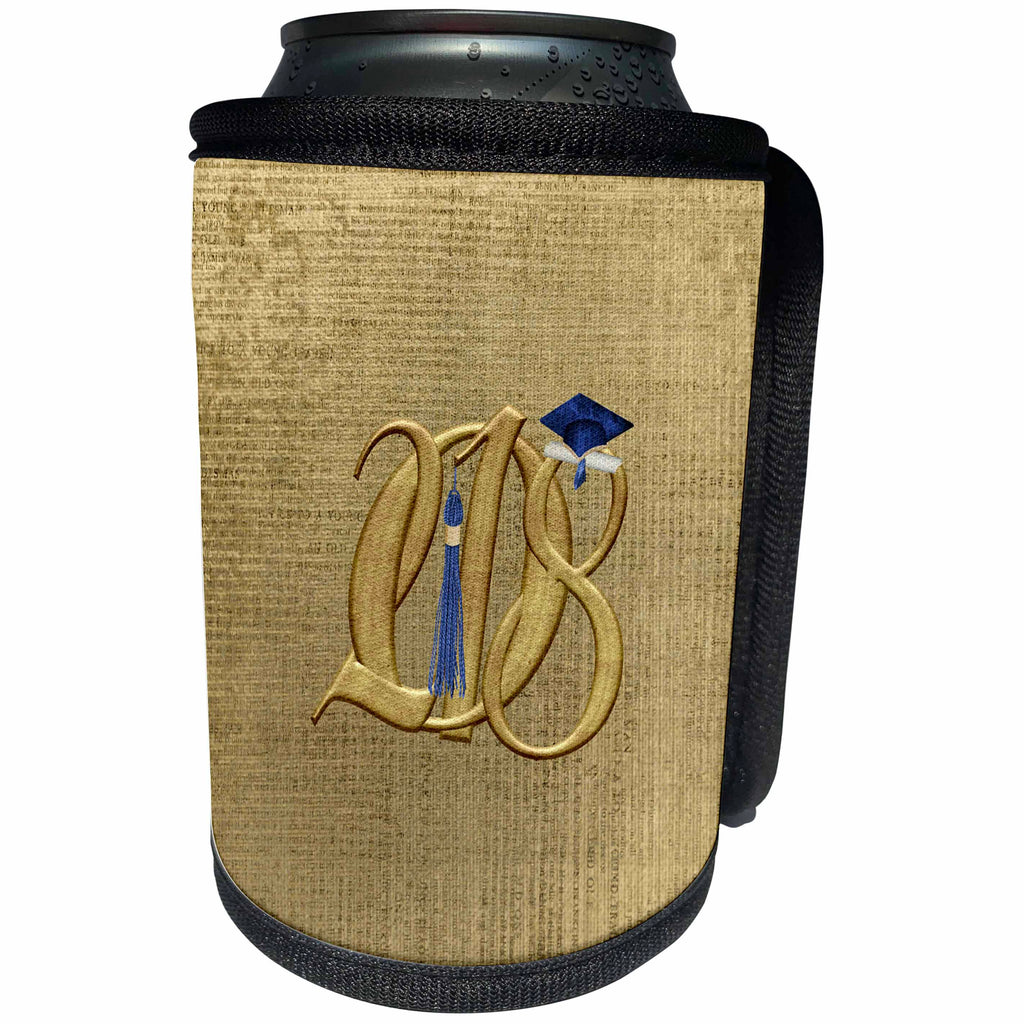 3dRose Beverly Turner Graduation Design - Image of Gold Entangled 2018 Blue Graduation Cap, Diploma,Tassel on Gold - Can Cooler Bottle Wrap (cc_274458)