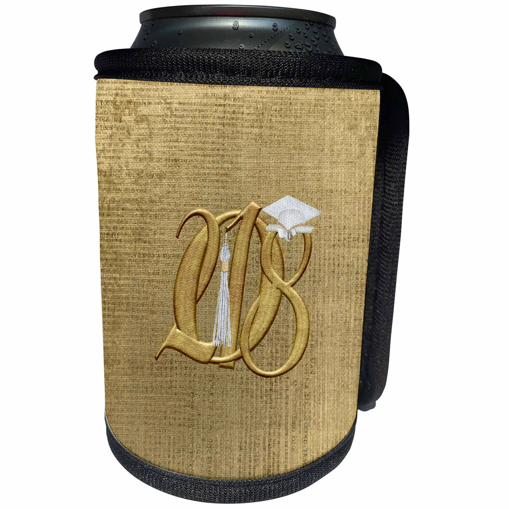 3dRose Beverly Turner Graduation Design - Image of Gold Entangled 2018 White Graduation Cap, Diploma, Tassel on Gold - Can Cooler Bottle Wrap (cc_274463)
