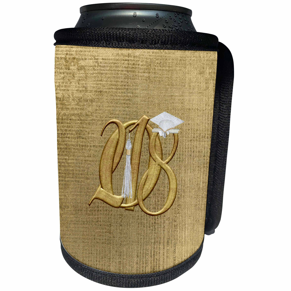 3dRose Beverly Turner Graduation Design - Image of Gold Entangled 2018 White Graduation Cap, Diploma, Tassel on Gold - Can Cooler Bottle Wrap (cc_274463)