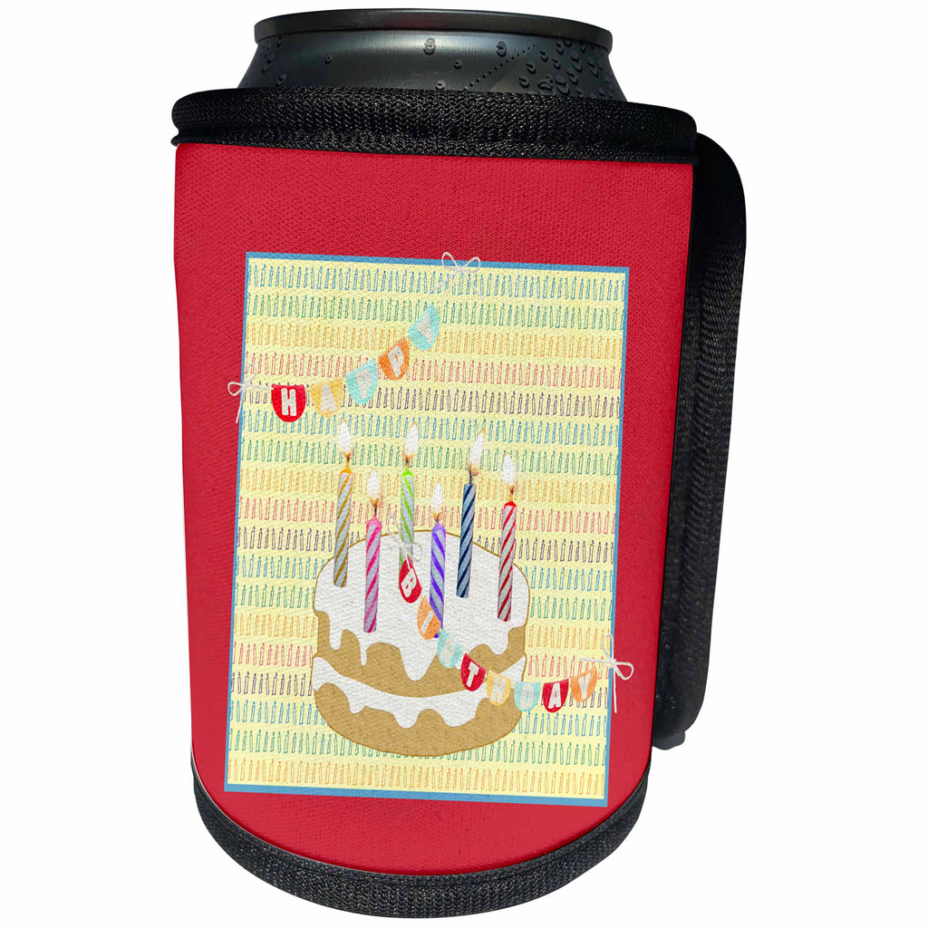 3dRose Beverly Turner Birthday Design - Six Candles on Cake, Happy Birthday on Flag from Candle to Candle - Can Cooler Bottle Wrap (cc_274466)