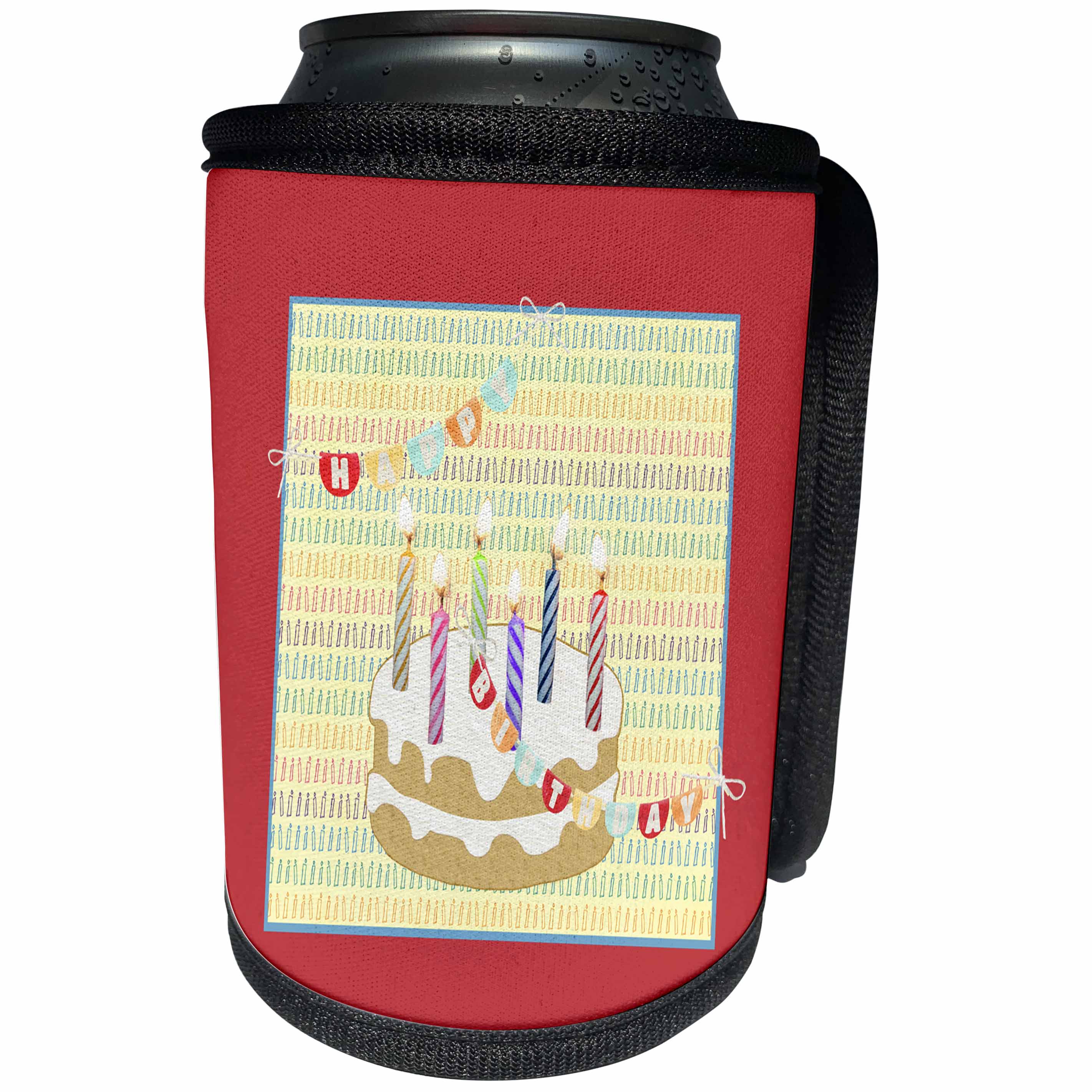 3dRose Beverly Turner Birthday Design - Six Candles on Cake, Happy Birthday on Flag from Candle to Candle - Can Cooler Bottle Wrap (cc_274466)