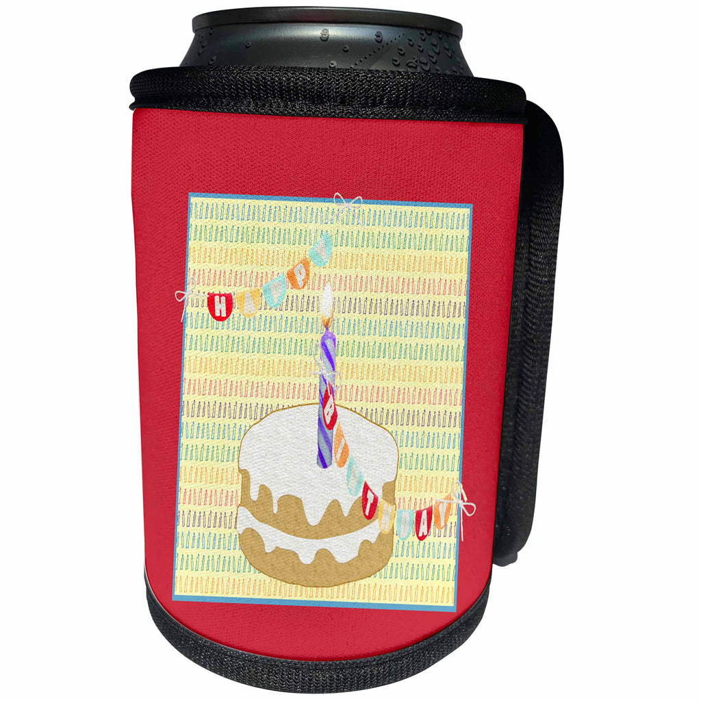 3dRose Beverly Turner Birthday Design - One Candles on Cake, Happy Birthday on Flag from Candle to Candle - Can Cooler Bottle Wrap (cc_274471)