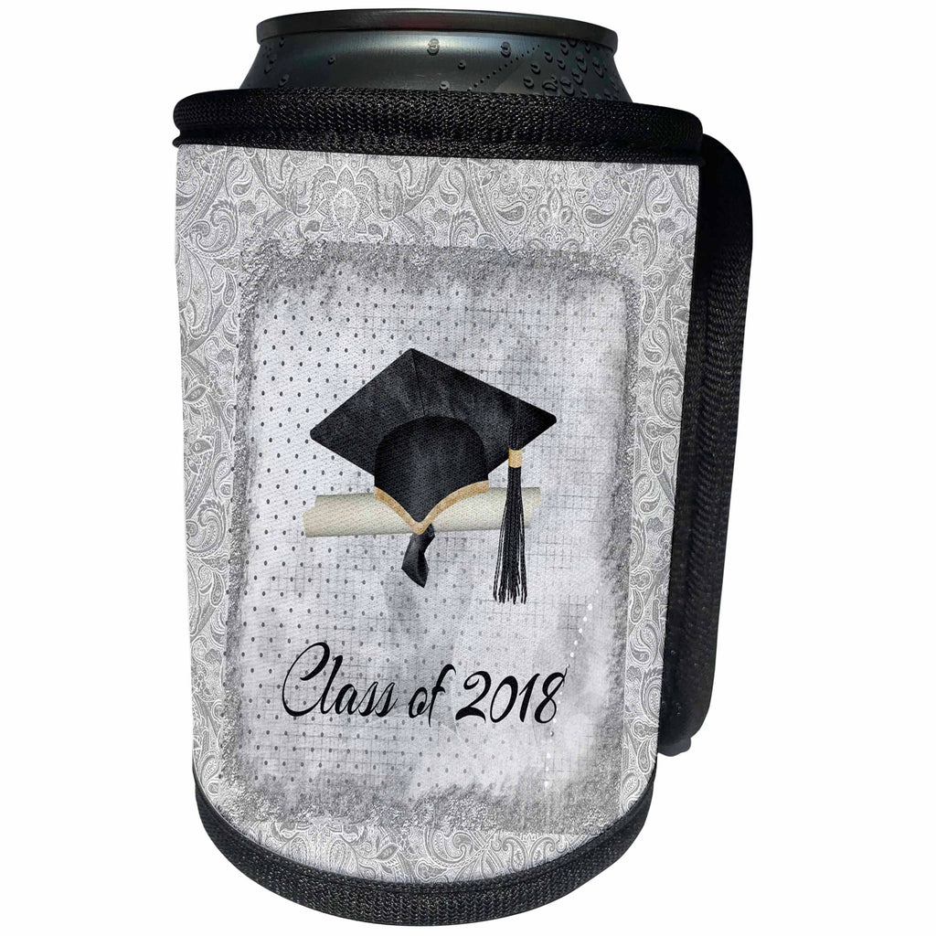 3dRose Beverly Turner Graduation Design - Graduation Cap, Diploma, Faded Dots, Silver Frame, Vines, 2018, Black - Can Cooler Bottle Wrap (cc_274474)