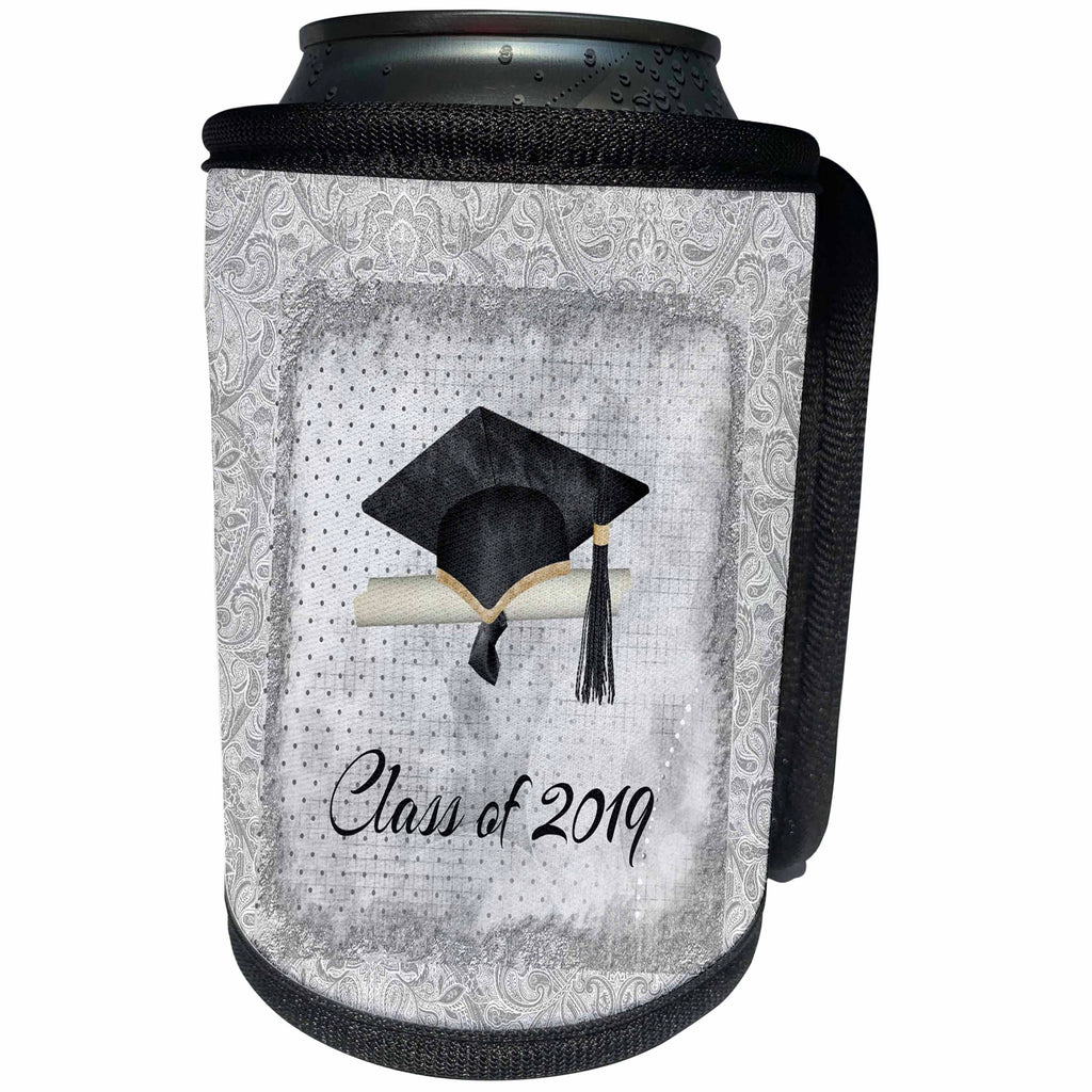 3dRose Beverly Turner Graduation Design - Graduation Cap, Diploma, Faded Dots, Silver Frame, Vines, 2019, Black - Can Cooler Bottle Wrap (cc_274475)