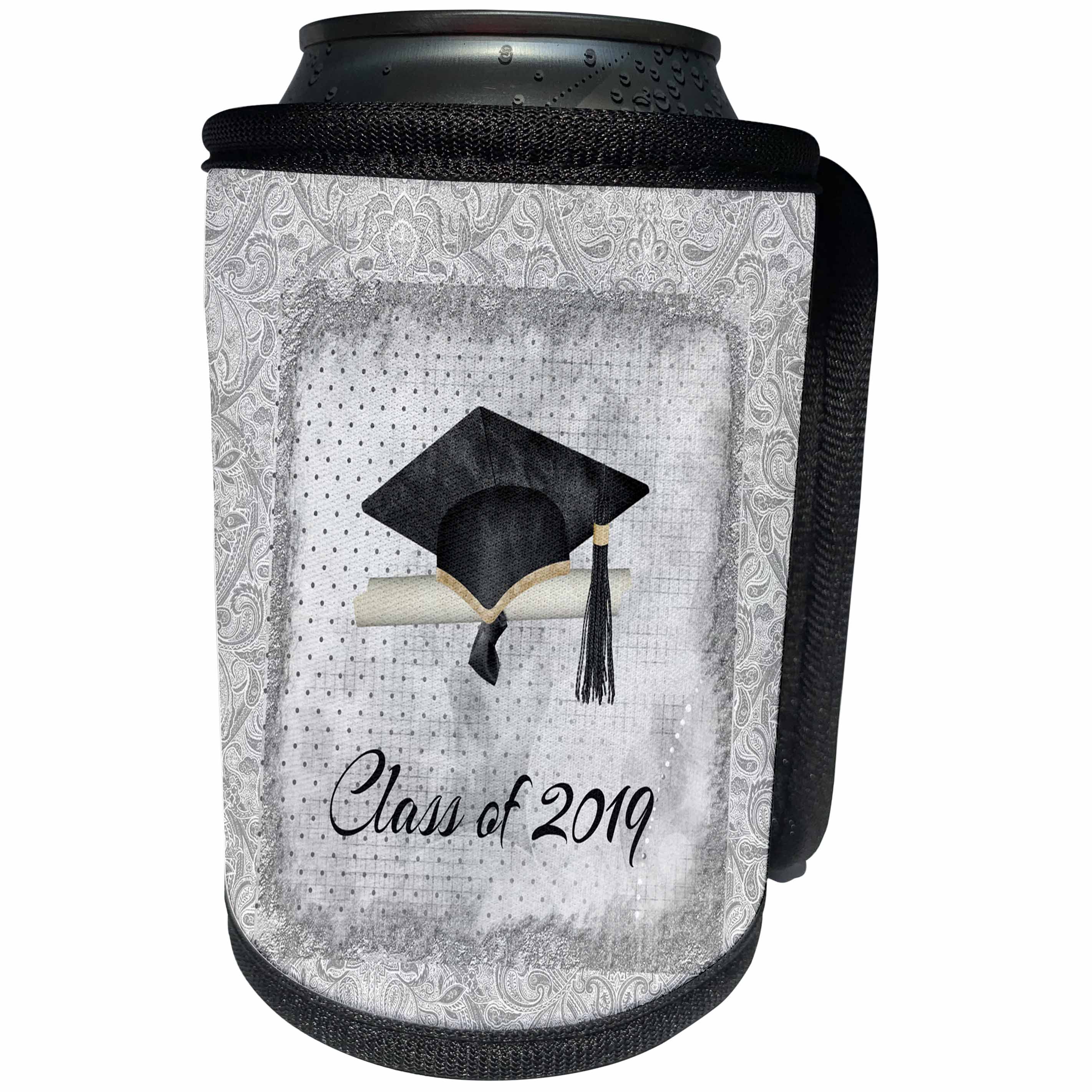 3dRose Beverly Turner Graduation Design - Graduation Cap, Diploma, Faded Dots, Silver Frame, Vines, 2019, Black - Can Cooler Bottle Wrap (cc_274475)