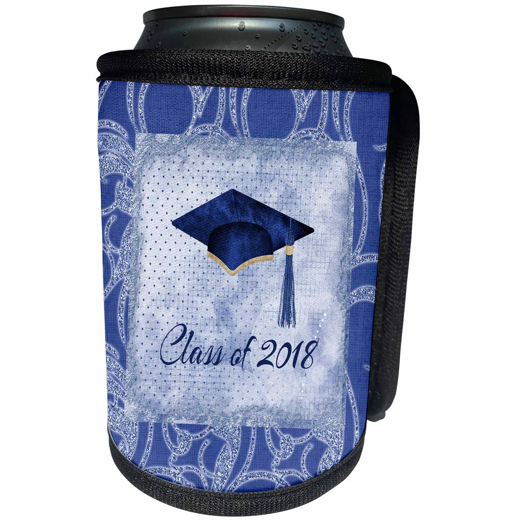 3dRose Beverly Turner Graduation Design - Graduation Cap, Diploma, Faded Dots, Blue Frame, Jewels, 2018, Blue - Can Cooler Bottle Wrap (cc_274476)