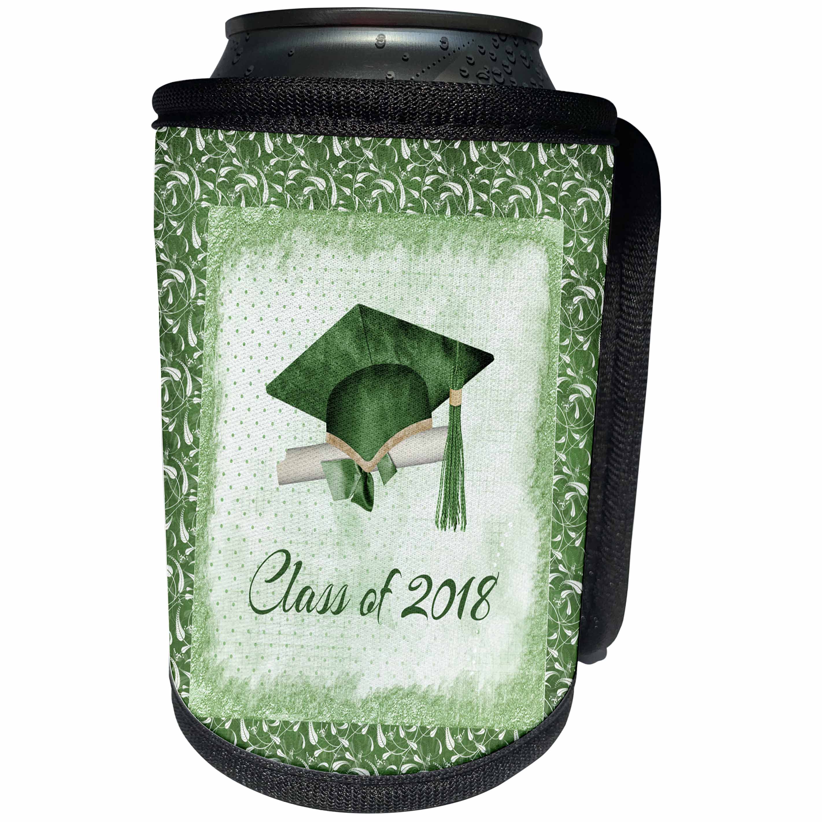 3dRose Beverly Turner Graduation Design - Graduation Cap, Diploma, Faded Dots, Green Frame, Leaves, 2018, Green - Can Cooler Bottle Wrap (cc_274478)