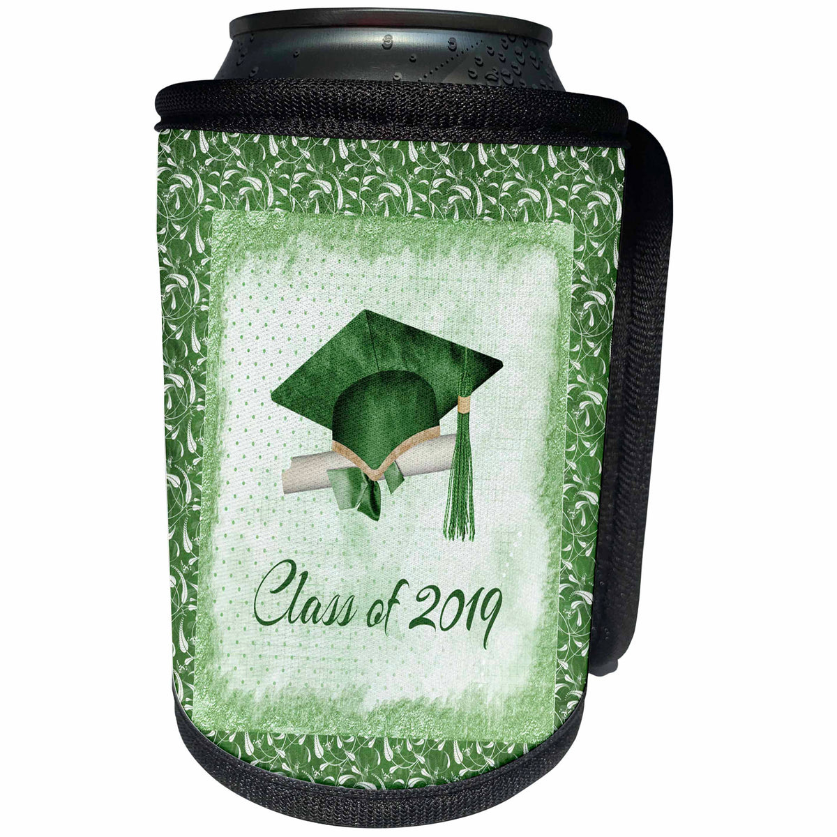 3dRose Beverly Turner Graduation Design - Graduation Cap, Diploma, Faded Dots, Green Frame, Leaves, 2019, Green - Can Cooler Bottle Wrap (cc_274479)
