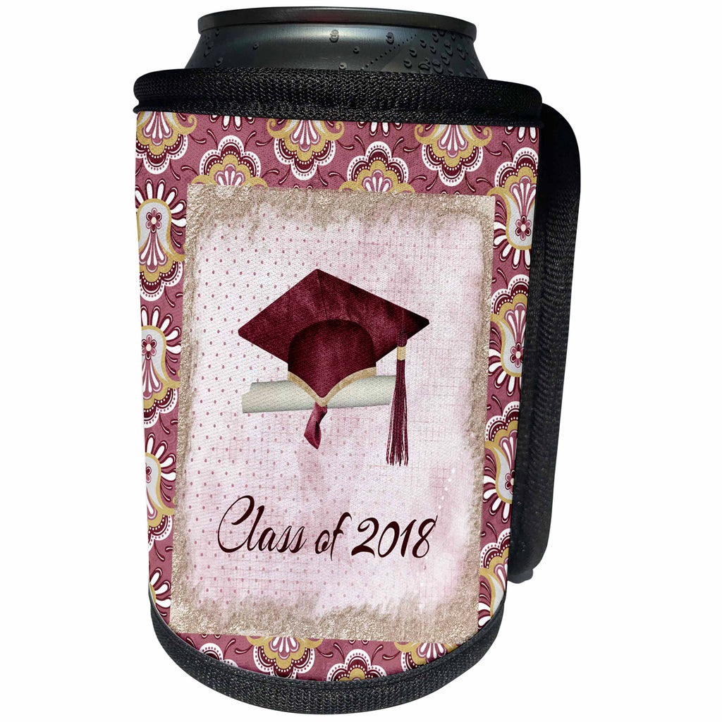 3dRose Beverly Turner Graduation Design - Graduation Cap, Diploma, Faded Dots, Pink Frame, Flower, 2018, Red - Can Cooler Bottle Wrap (cc_274480)