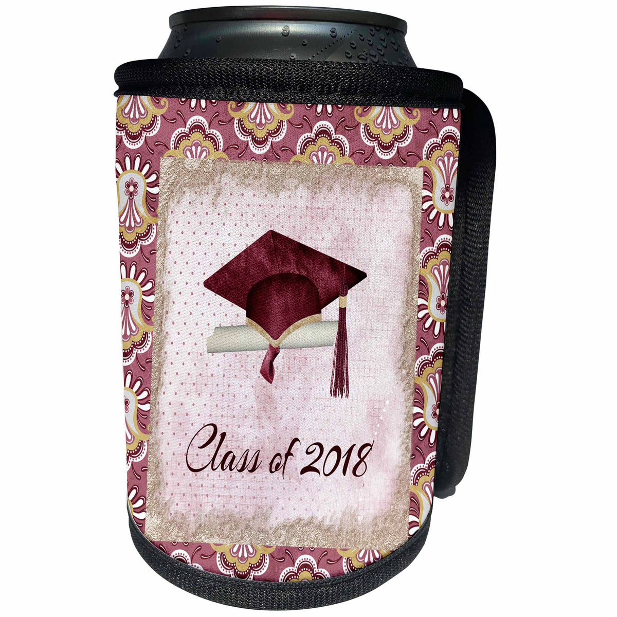 3dRose Beverly Turner Graduation Design - Graduation Cap, Diploma, Faded Dots, Pink Frame, Flower, 2018, Red - Can Cooler Bottle Wrap (cc_274480)