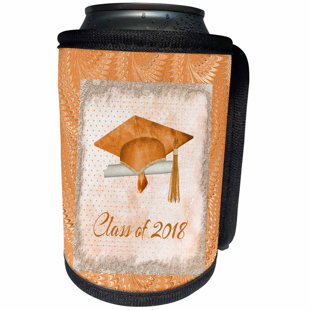 3dRose Beverly Turner Graduation Design - Graduation Cap, Diploma, Faded Dots, Frame, Feather, 2018, Orange - Can Cooler Bottle Wrap (cc_274481)