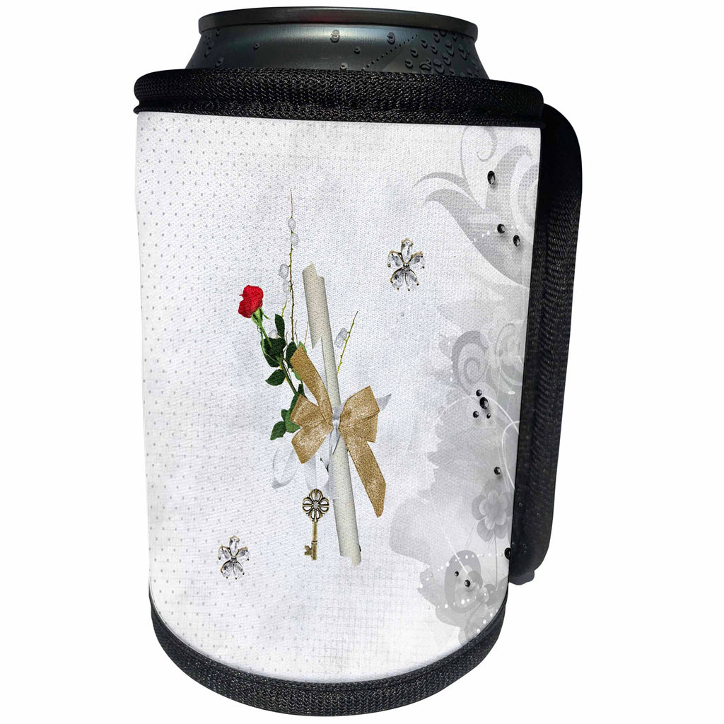 3dRose Beverly Turner Graduation Design - Graduation Diploma, Key, Dots, Vine, Flowers, Rose and Bow, White - Can Cooler Bottle Wrap (cc_274486)