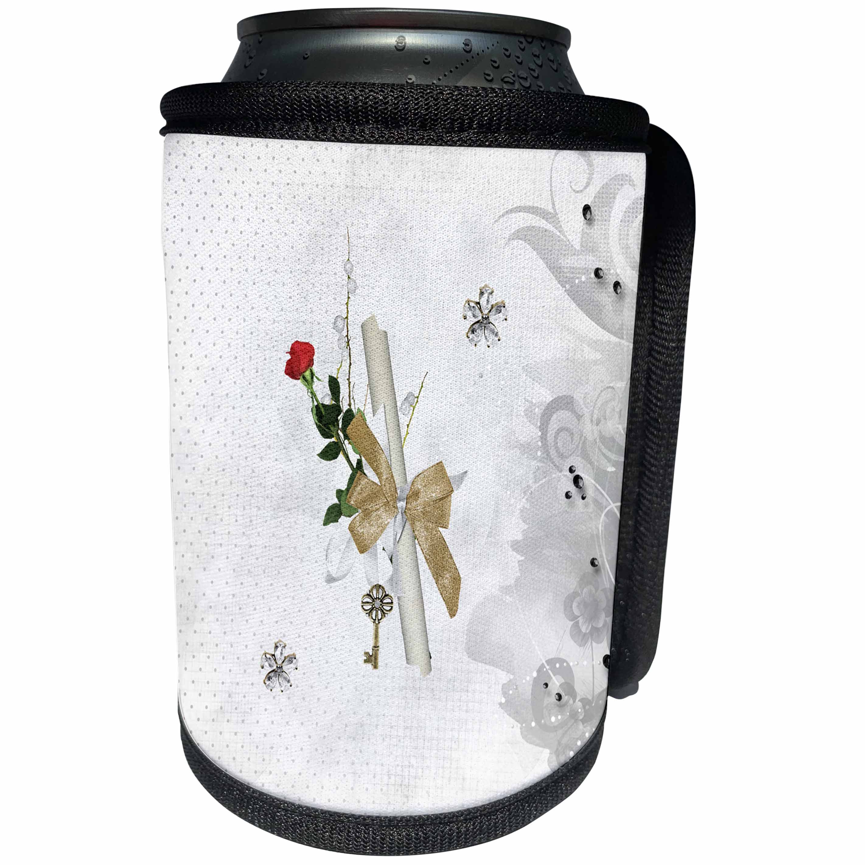 3dRose Beverly Turner Graduation Design - Graduation Diploma, Key, Dots, Vine, Flowers, Rose and Bow, White - Can Cooler Bottle Wrap (cc_274486)
