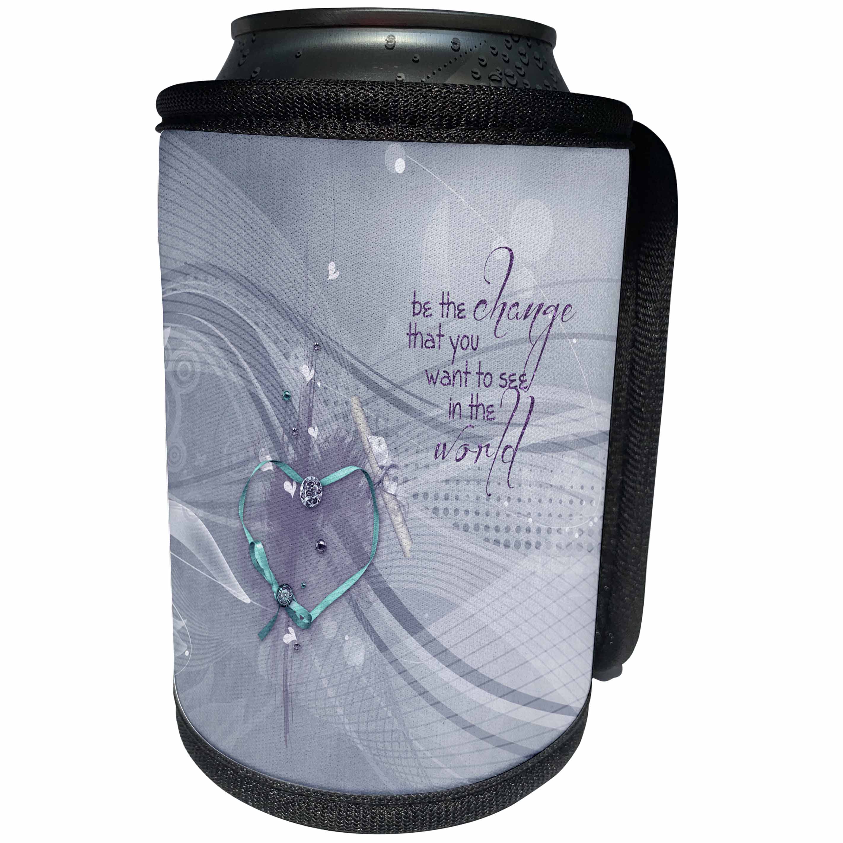 3dRose Beverly Turner Graduation Design - Aqua Heart Ribbon, Diploma, Jewels, Be the change, Lavender Abstract - Can Cooler Bottle Wrap (cc_274490)