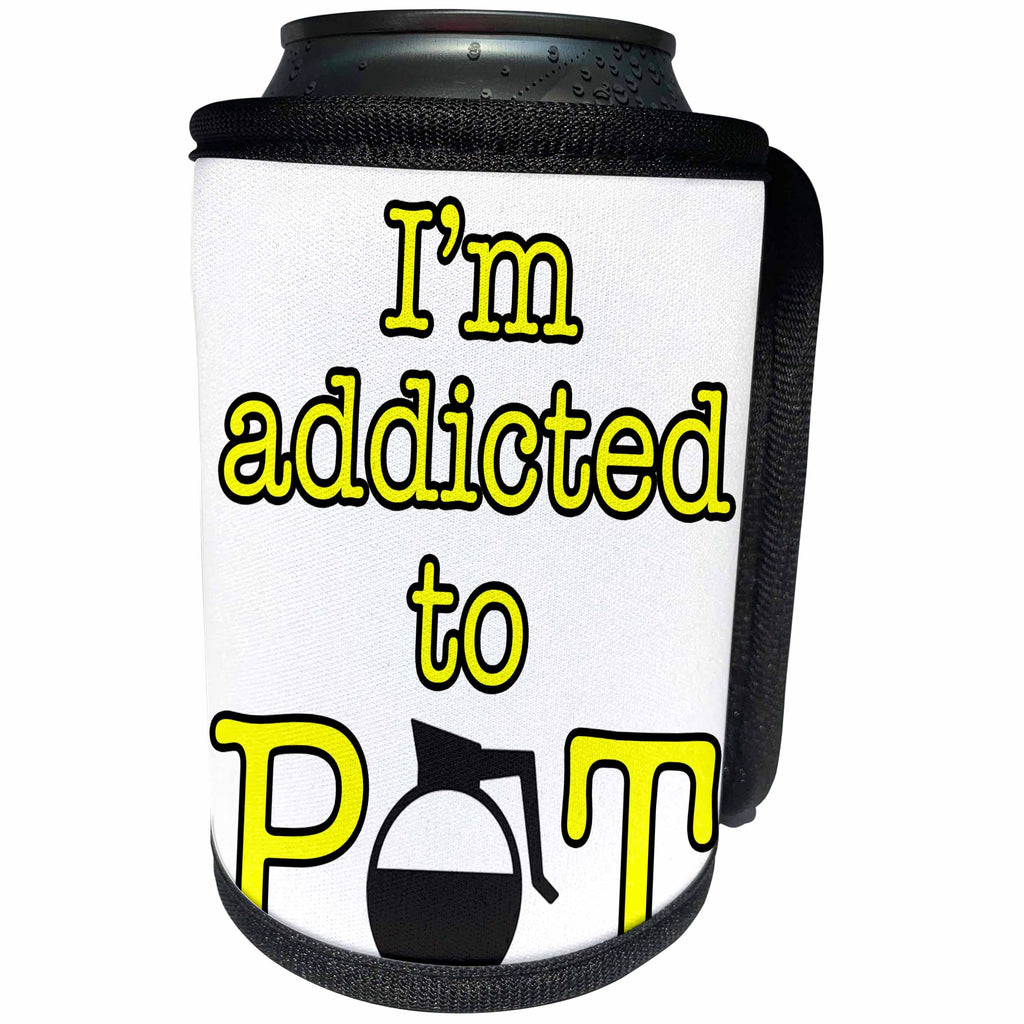 3dRose Coffee Lovers - Im Addicted To Pot Yellow - Can Cooler Bottle Wrap (cc_274549)